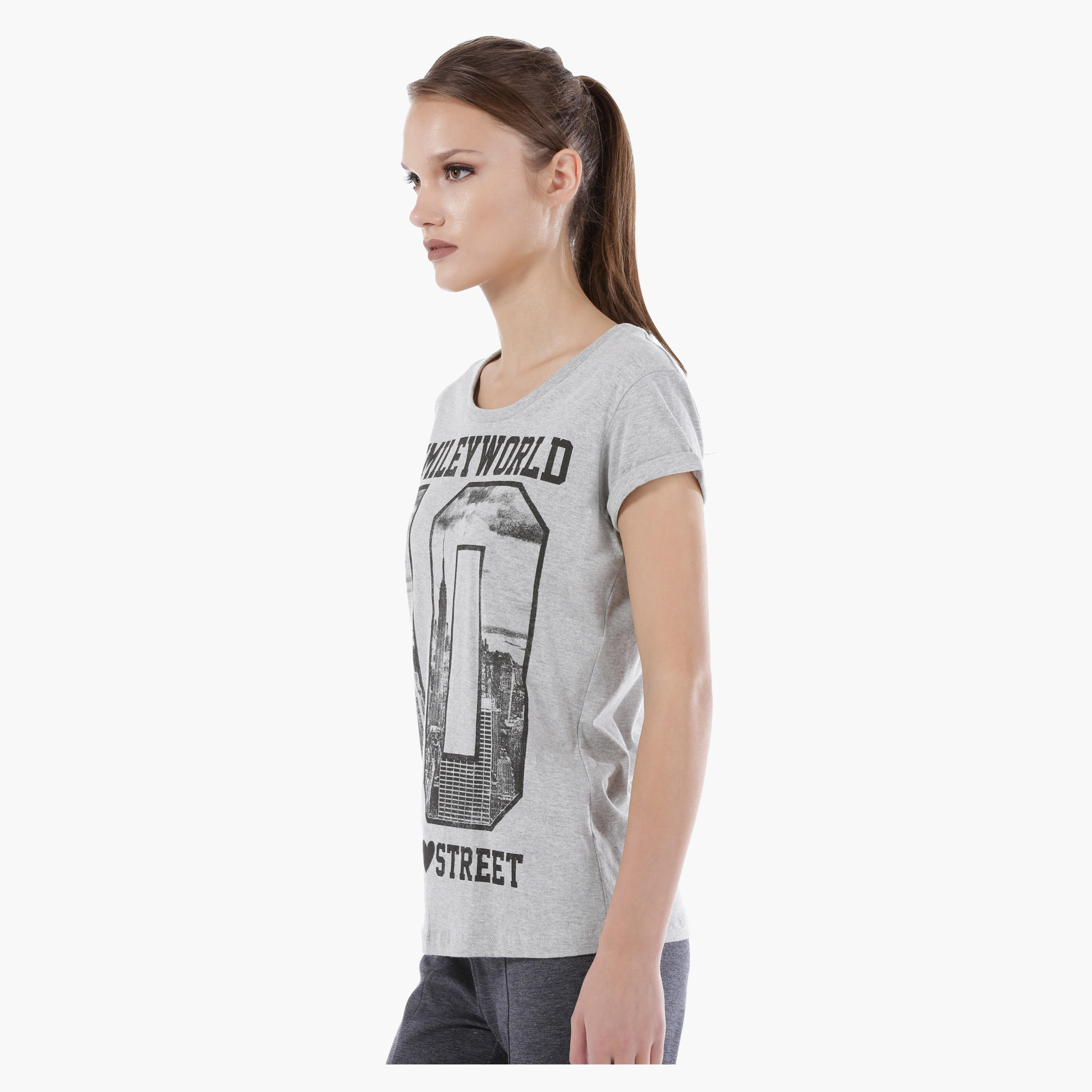 Smiley World Graphic Print Melange T-Shirt with Short Sleeves in Regular Fit-women-clothing-tshirts-image-3