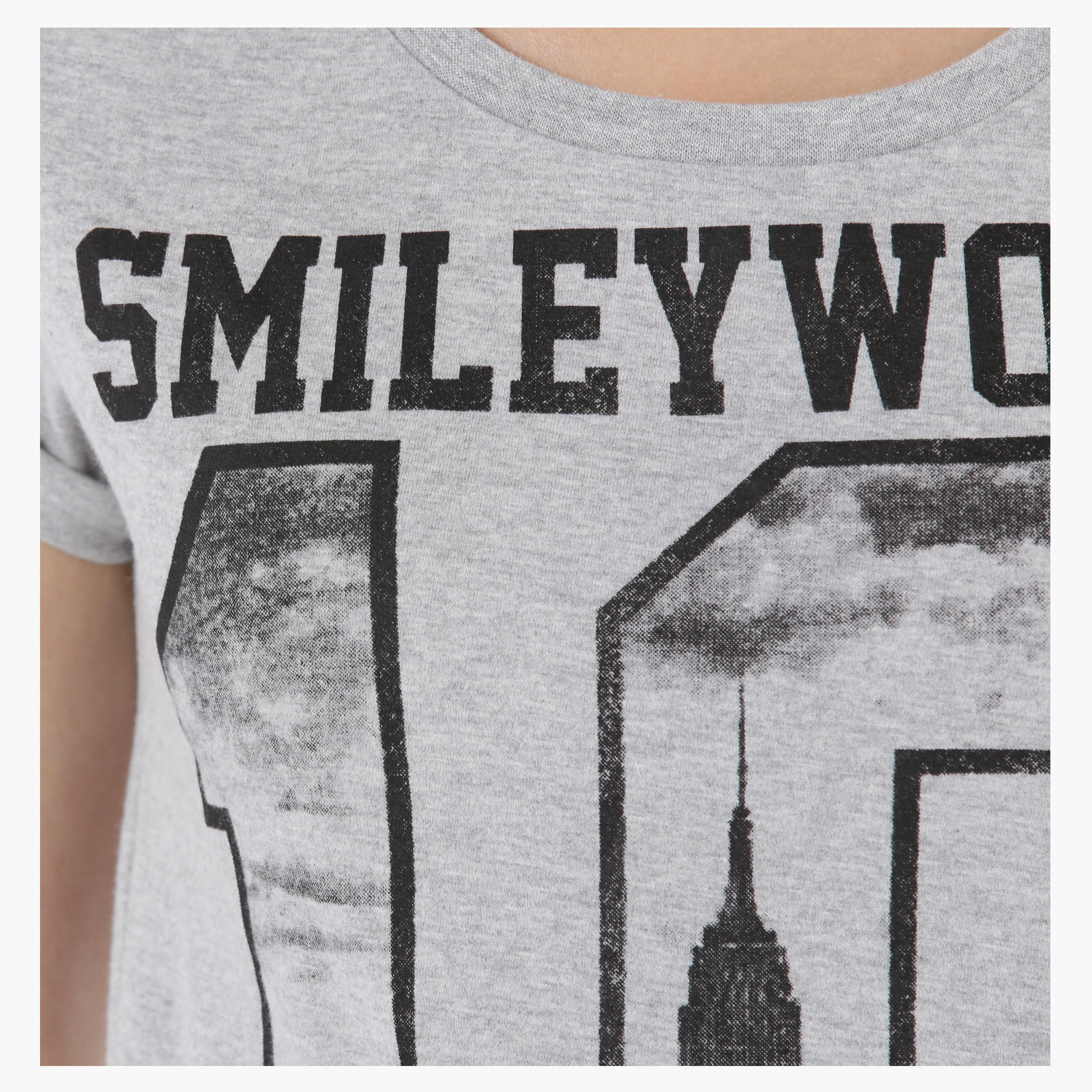 Smiley World Graphic Print Melange T-Shirt with Short Sleeves in Regular Fit-women-clothing-tshirts-image-4