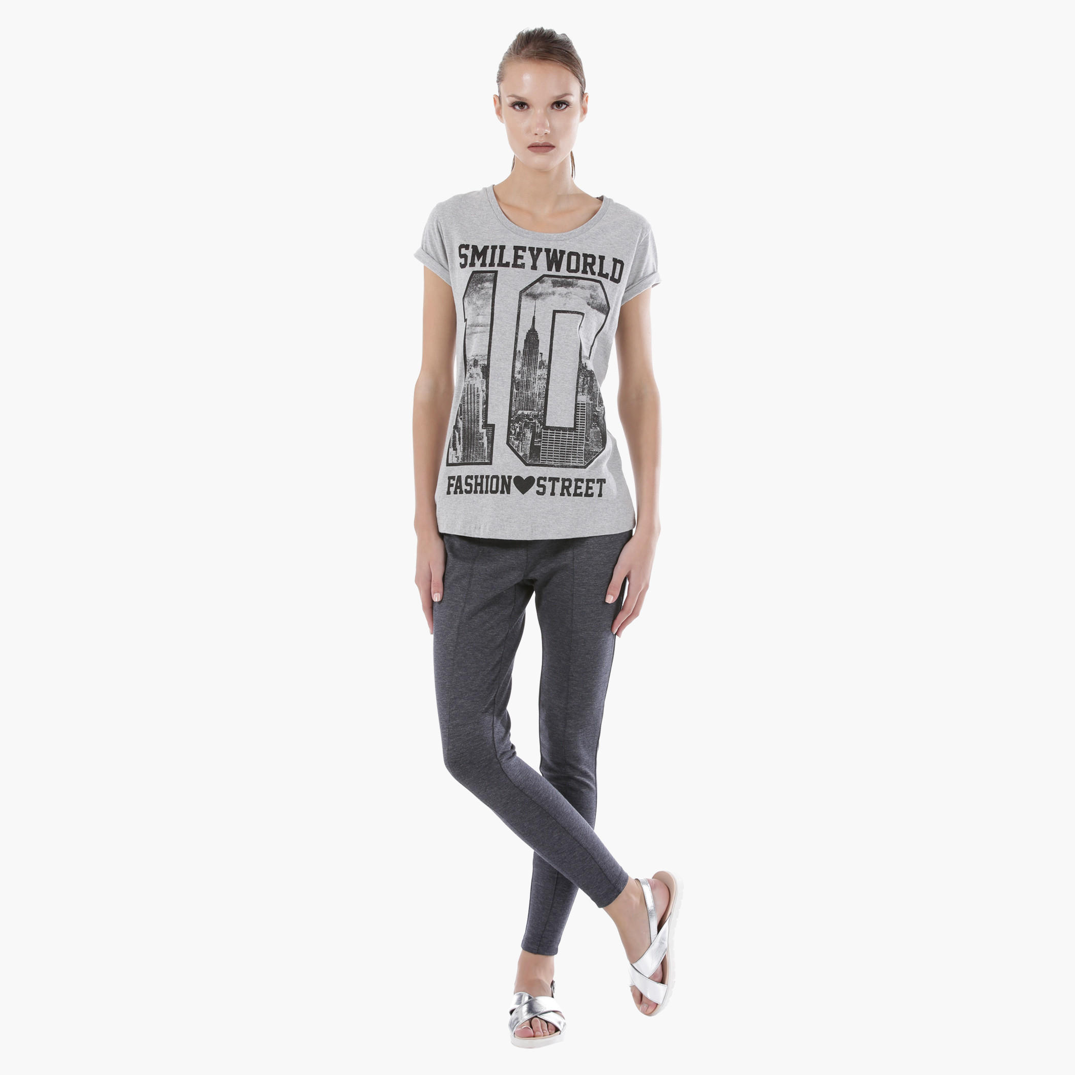 Smiley World Graphic Print Melange T-Shirt with Short Sleeves in Regular Fit-women-clothing-tshirts-image-5