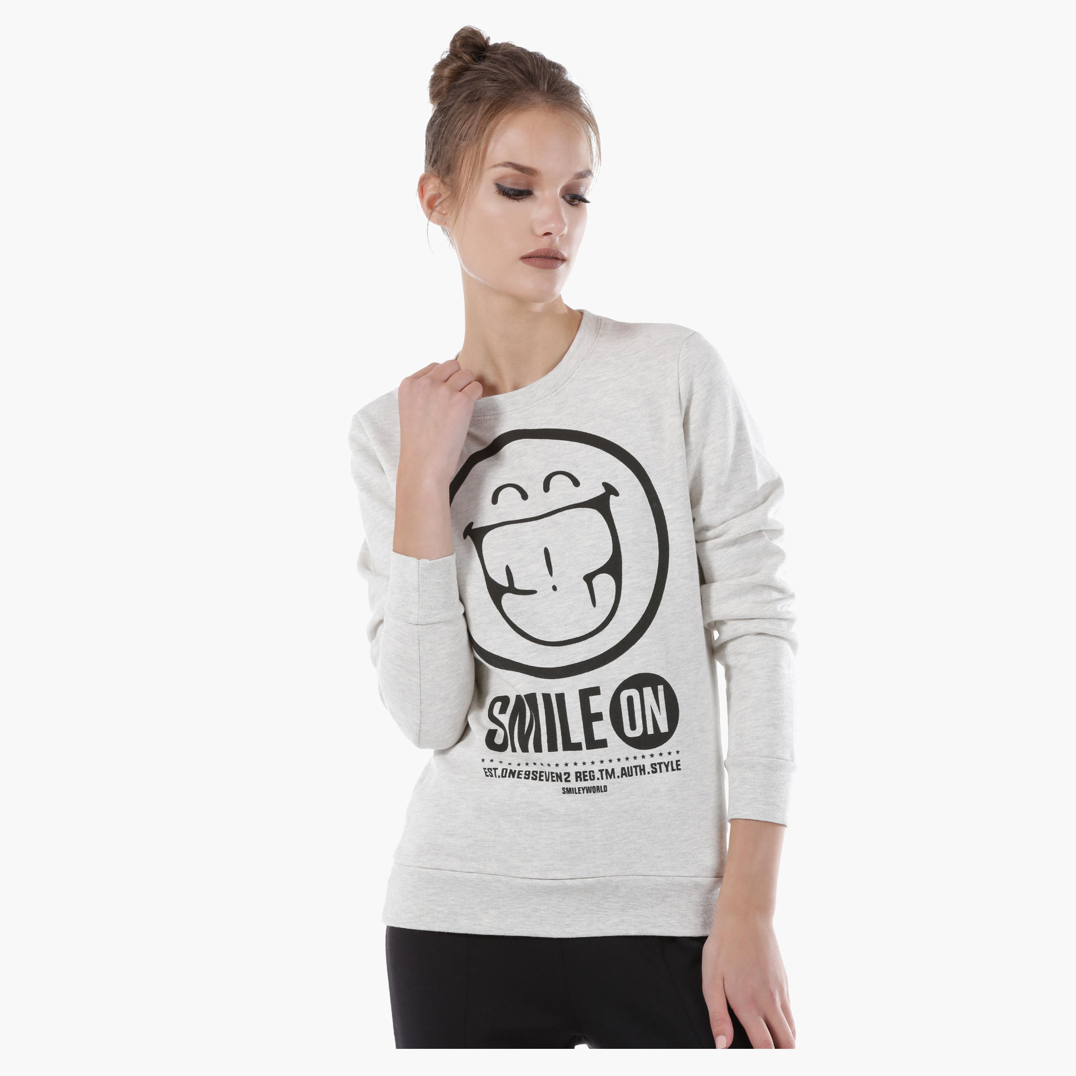 Smiley World Printed Melange Sweatshirt with Long Sleeves-women-winterwear-hoodiesandsweatshirts-sweatshirts-image-1