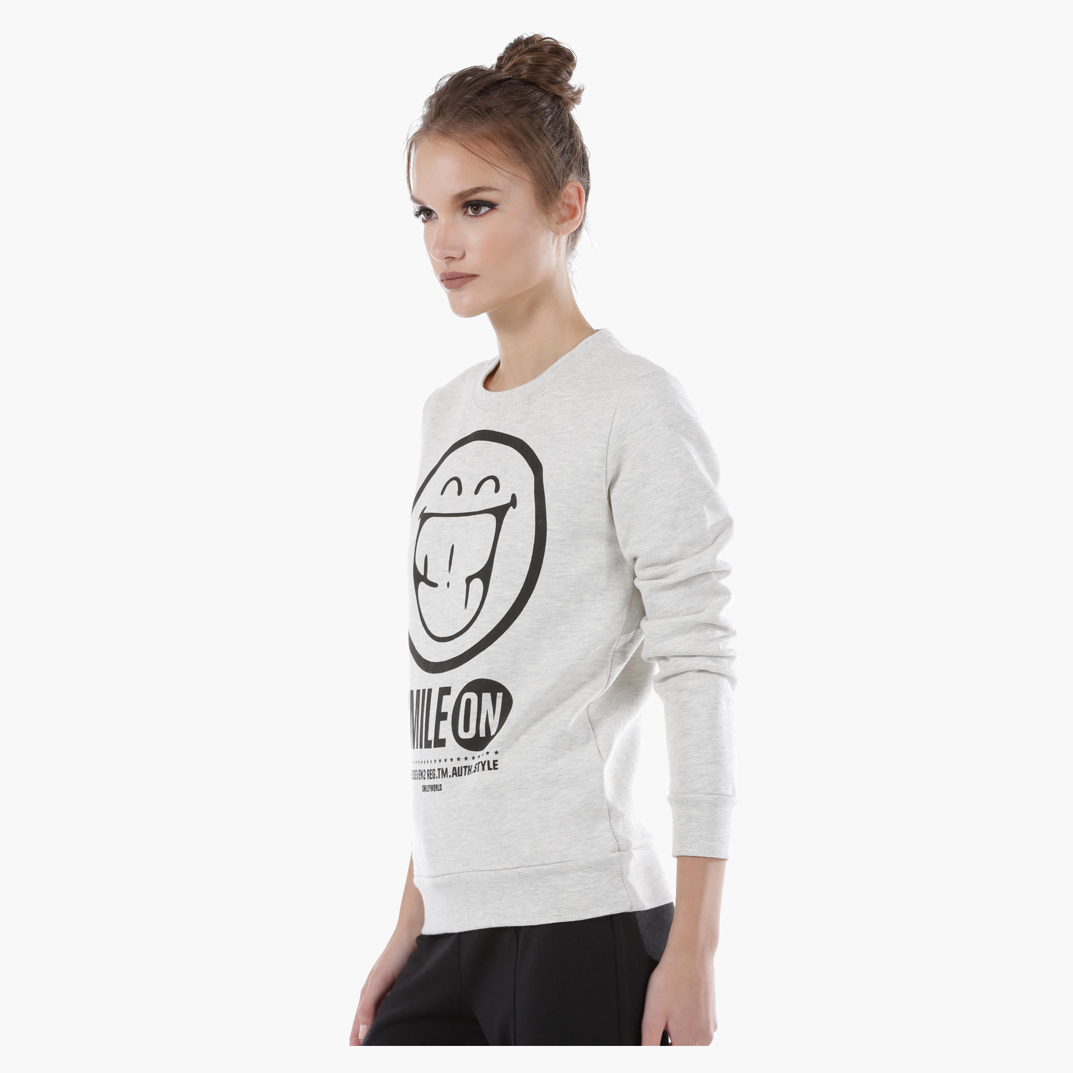 Smiley World Printed Melange Sweatshirt with Long Sleeves-women-winterwear-hoodiesandsweatshirts-sweatshirts-image-3