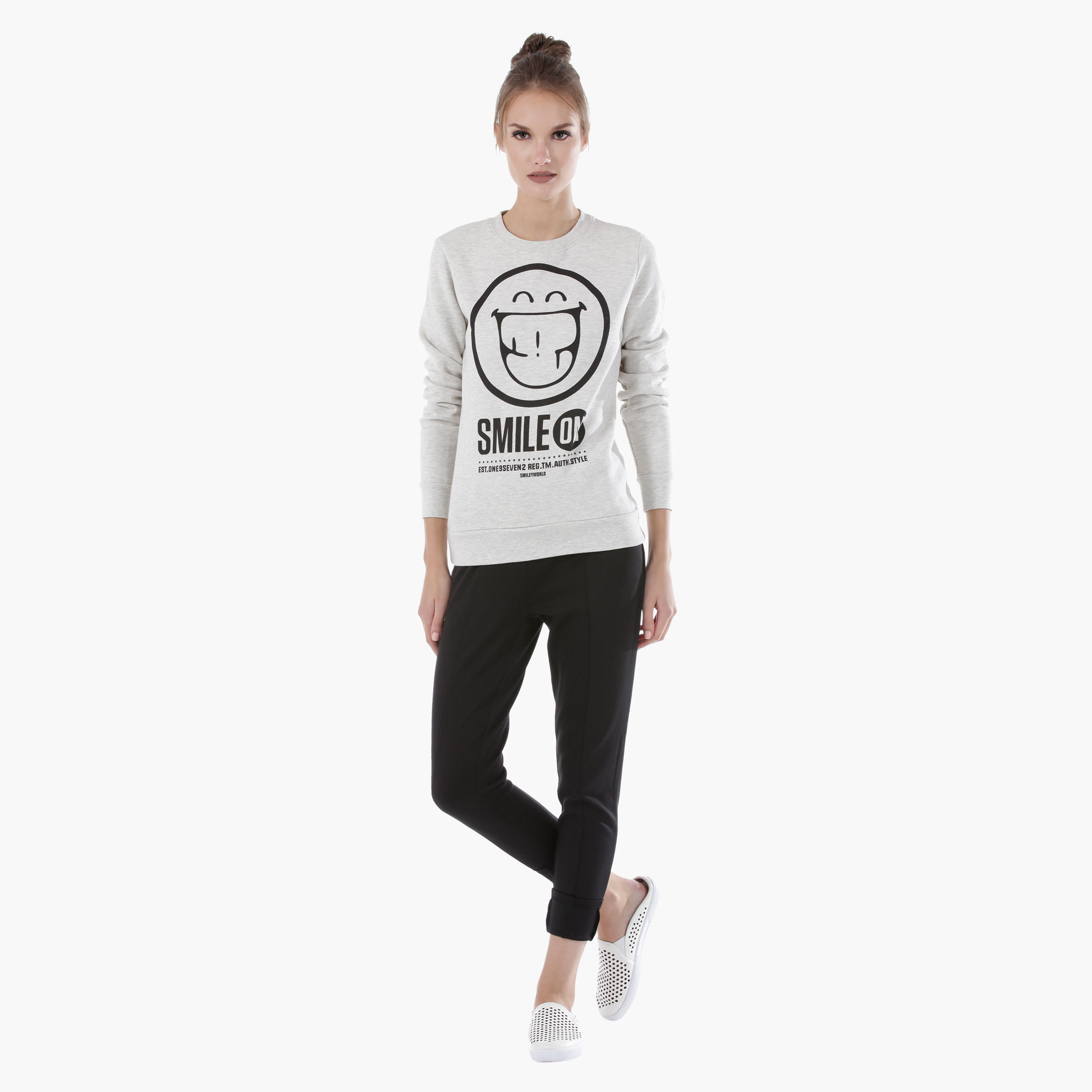 Smiley World Printed Melange Sweatshirt with Long Sleeves-women-winterwear-hoodiesandsweatshirts-sweatshirts-image-5