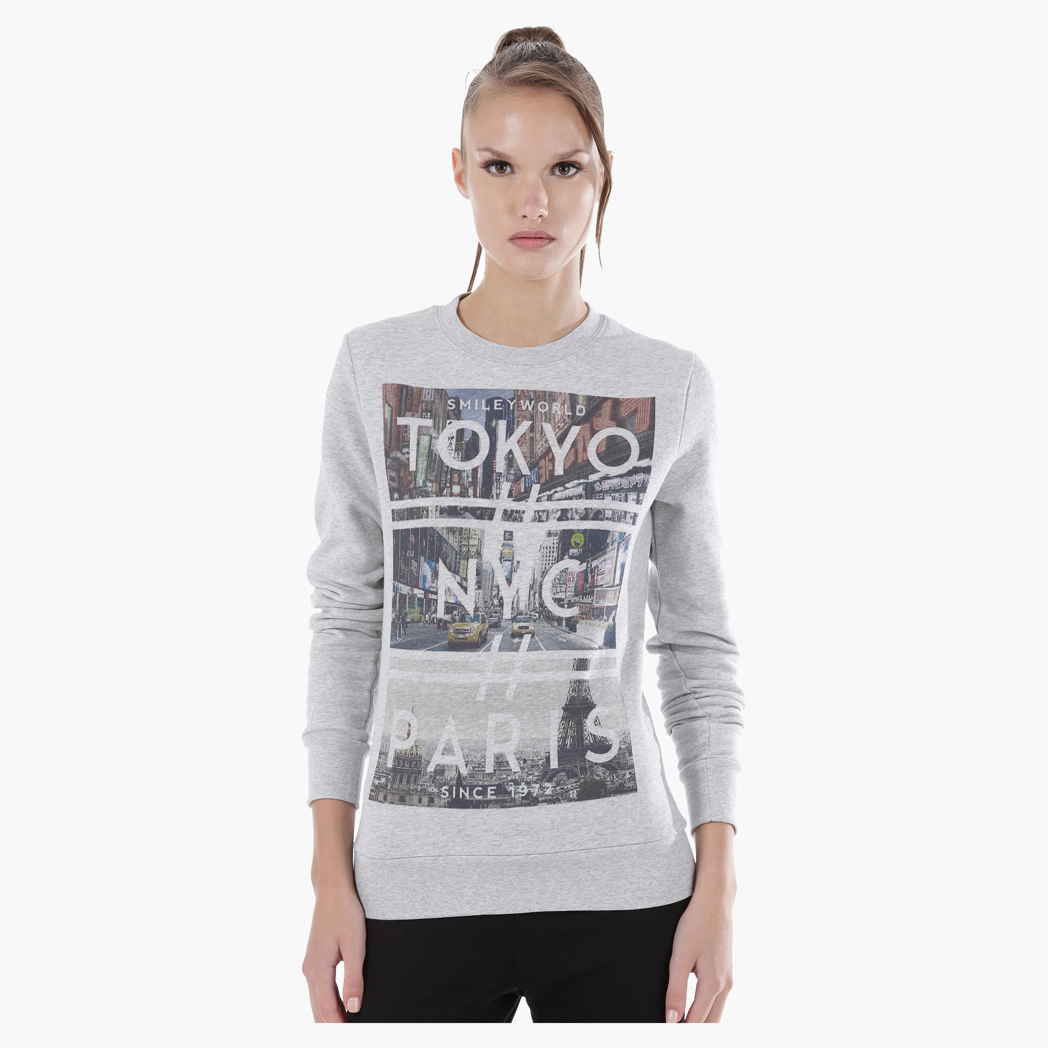 Smiley World Graphic Print Sweatshirt with Long Sleeves in Regular Fit-women-winterwear-hoodiesandsweatshirts-sweatshirts-image-1