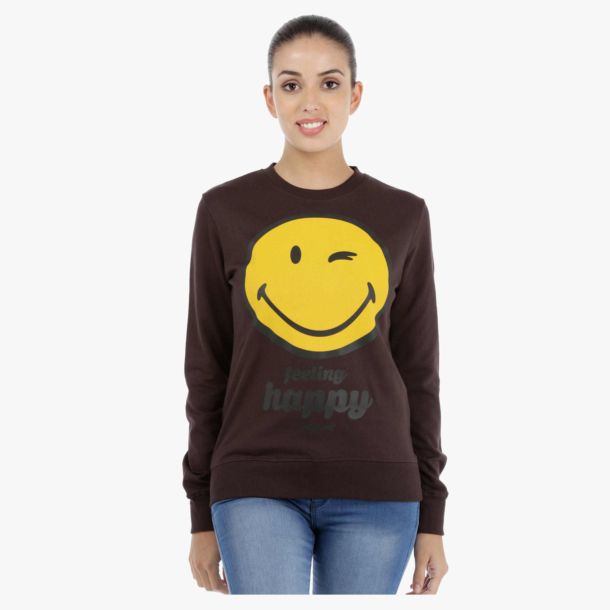 Smiley World Graphic Print Sweatshirt with Long Sleeves-women-winterwear-hoodiesandsweatshirts-sweatshirts-image-1
