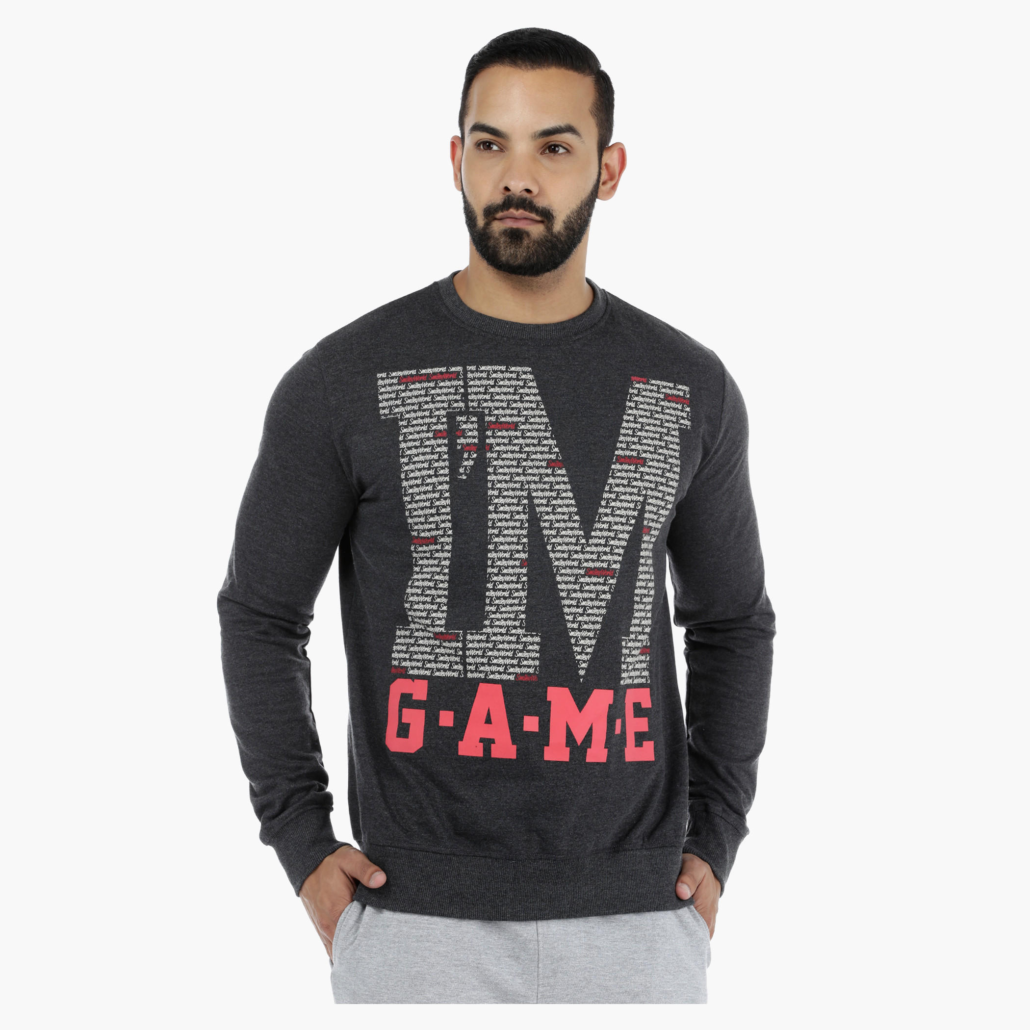 Smiley World Graphic Print Long Sleeves Melange Sweatshirt-men-winterwear-hoodiesandsweatshirts-image-5