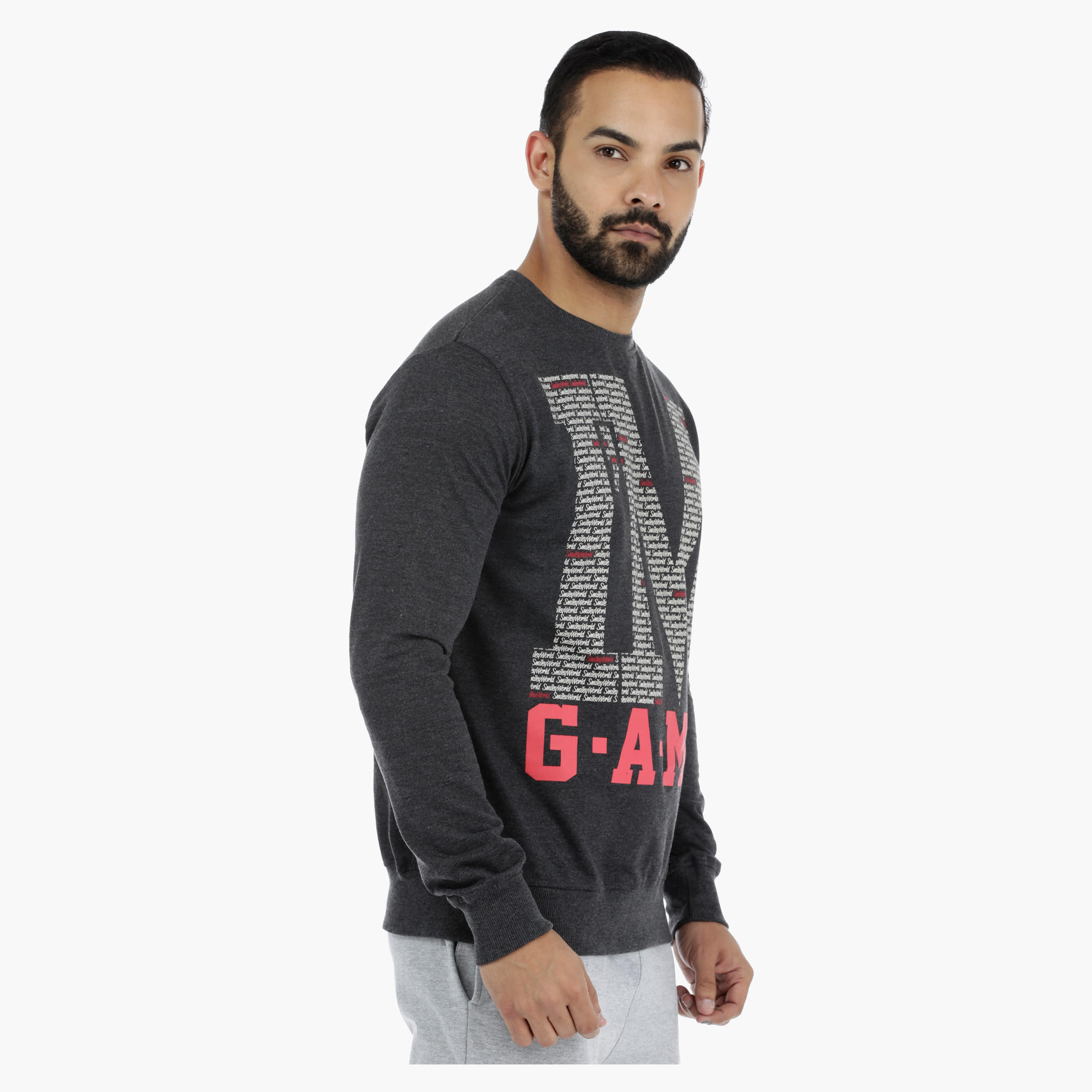 Smiley World Graphic Print Long Sleeves Melange Sweatshirt-men-winterwear-hoodiesandsweatshirts-image-3