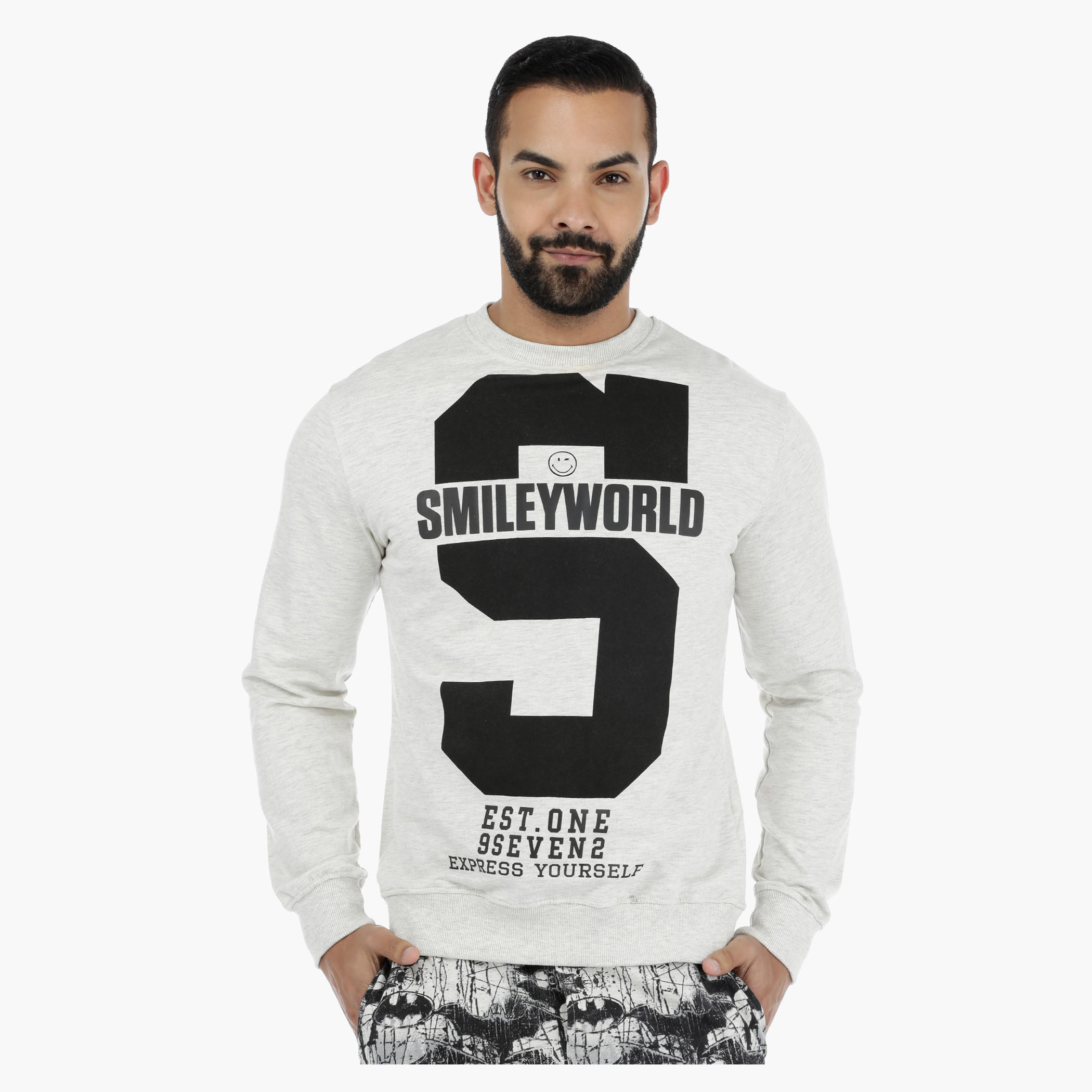 Smiley World Graphic Print Long Sleeves Melange Sweatshirt-men-winterwear-hoodiesandsweatshirts-image-1