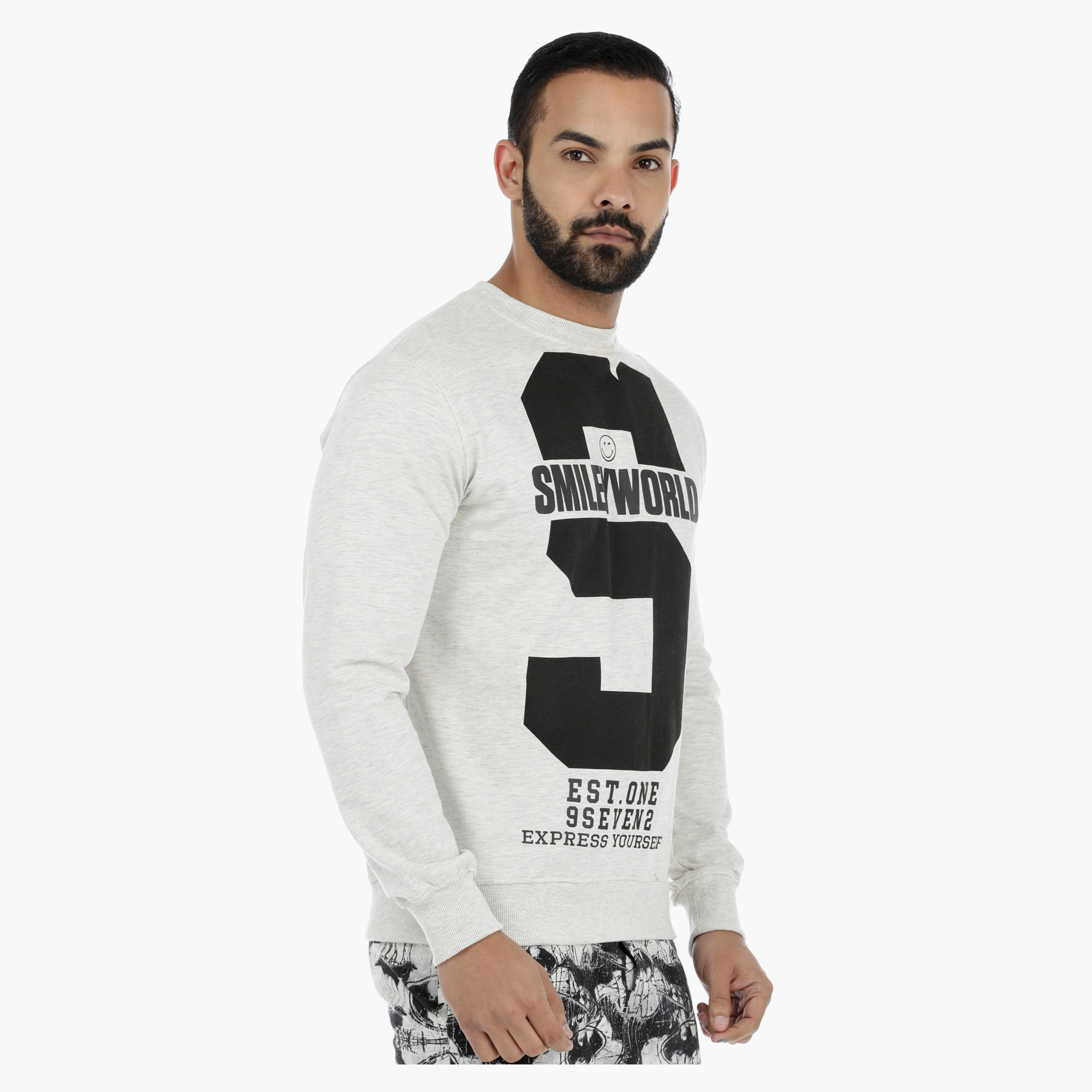 Smiley World Graphic Print Long Sleeves Melange Sweatshirt-men-winterwear-hoodiesandsweatshirts-image-3