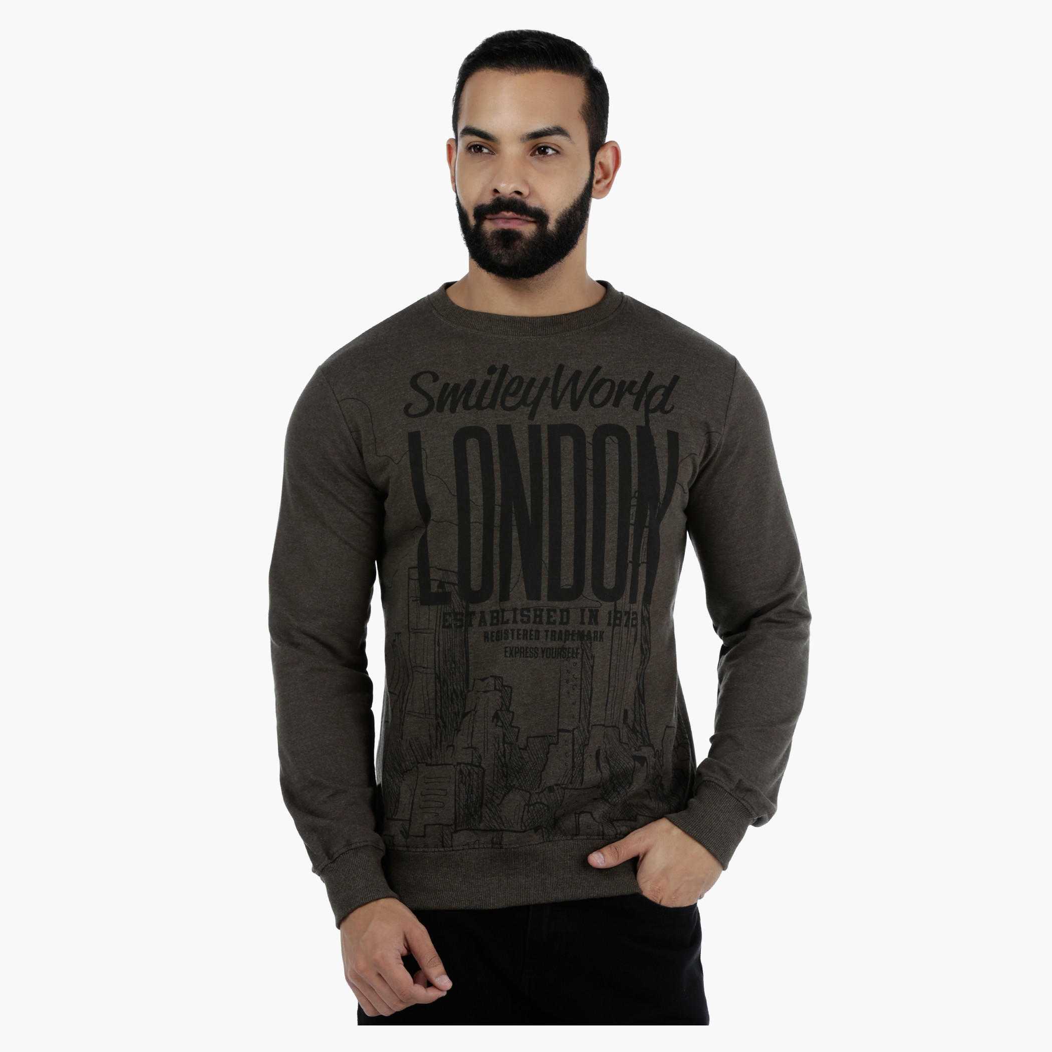 Smiley World Graphic Print Long Sleeves Melange T-shirt-men-winterwear-hoodiesandsweatshirts-image-1