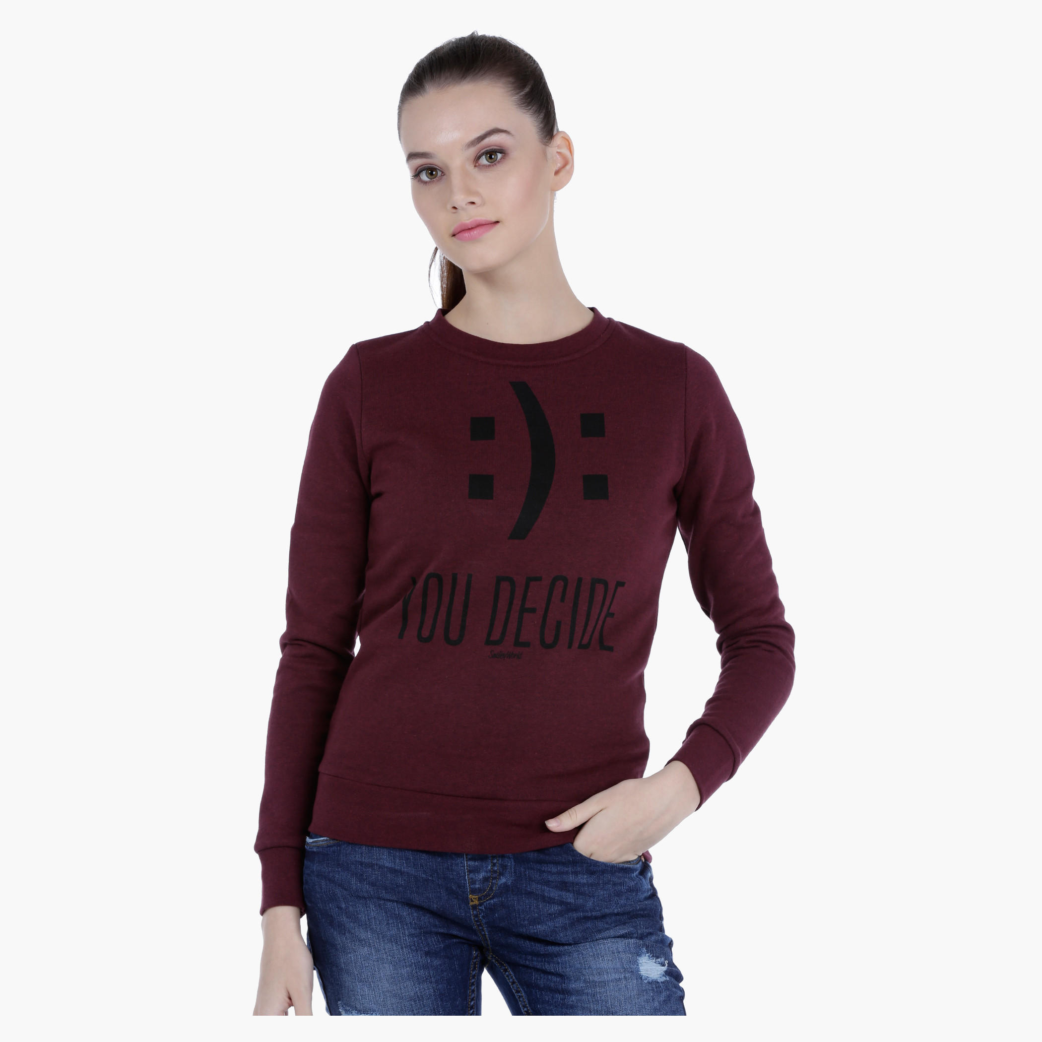 Smiley World Melange Sweatshirt with Graphic Print and Long Sleeves-women-winterwear-hoodiesandsweatshirts-sweatshirts-image-1