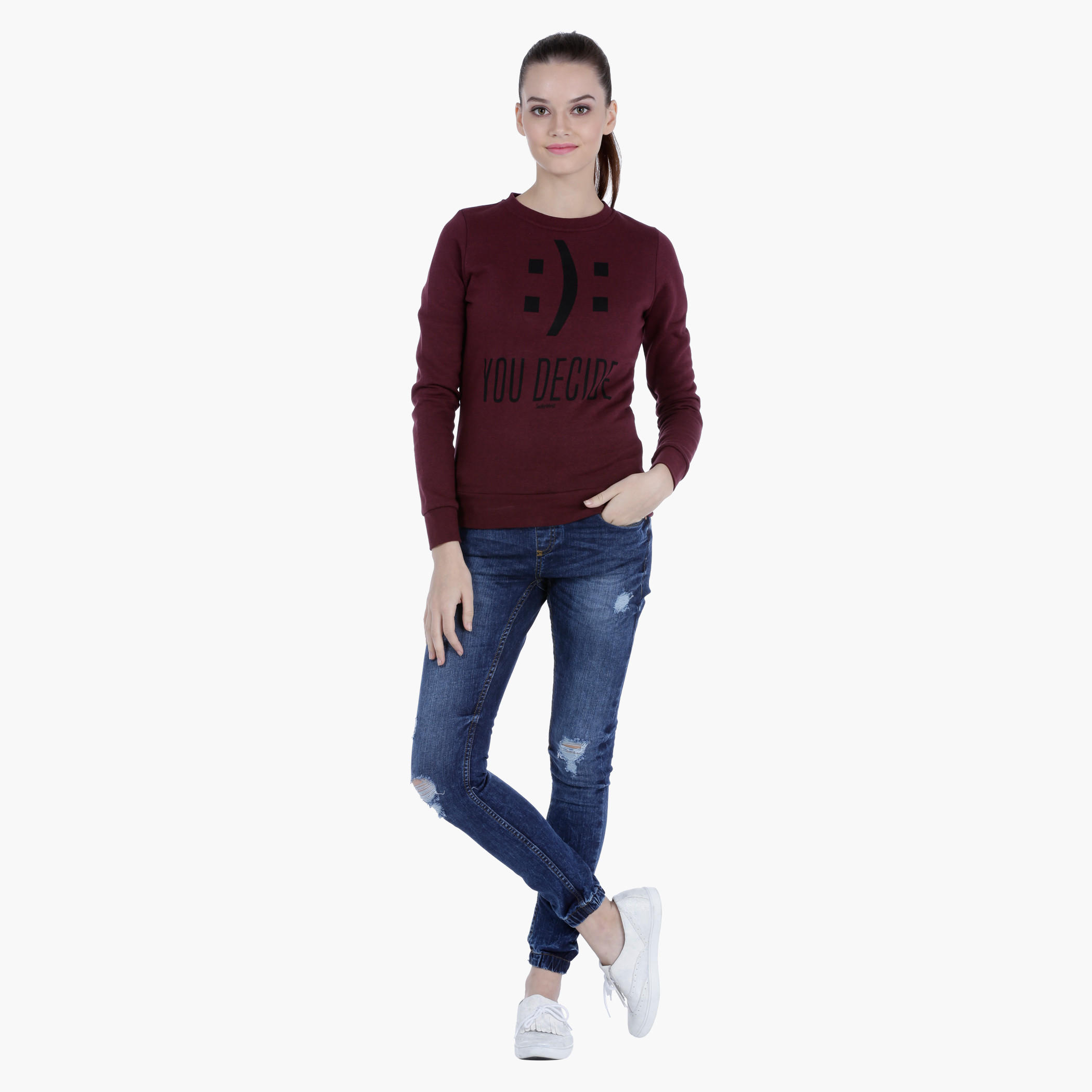 Smiley World Melange Sweatshirt with Graphic Print and Long Sleeves-women-winterwear-hoodiesandsweatshirts-sweatshirts-image-5