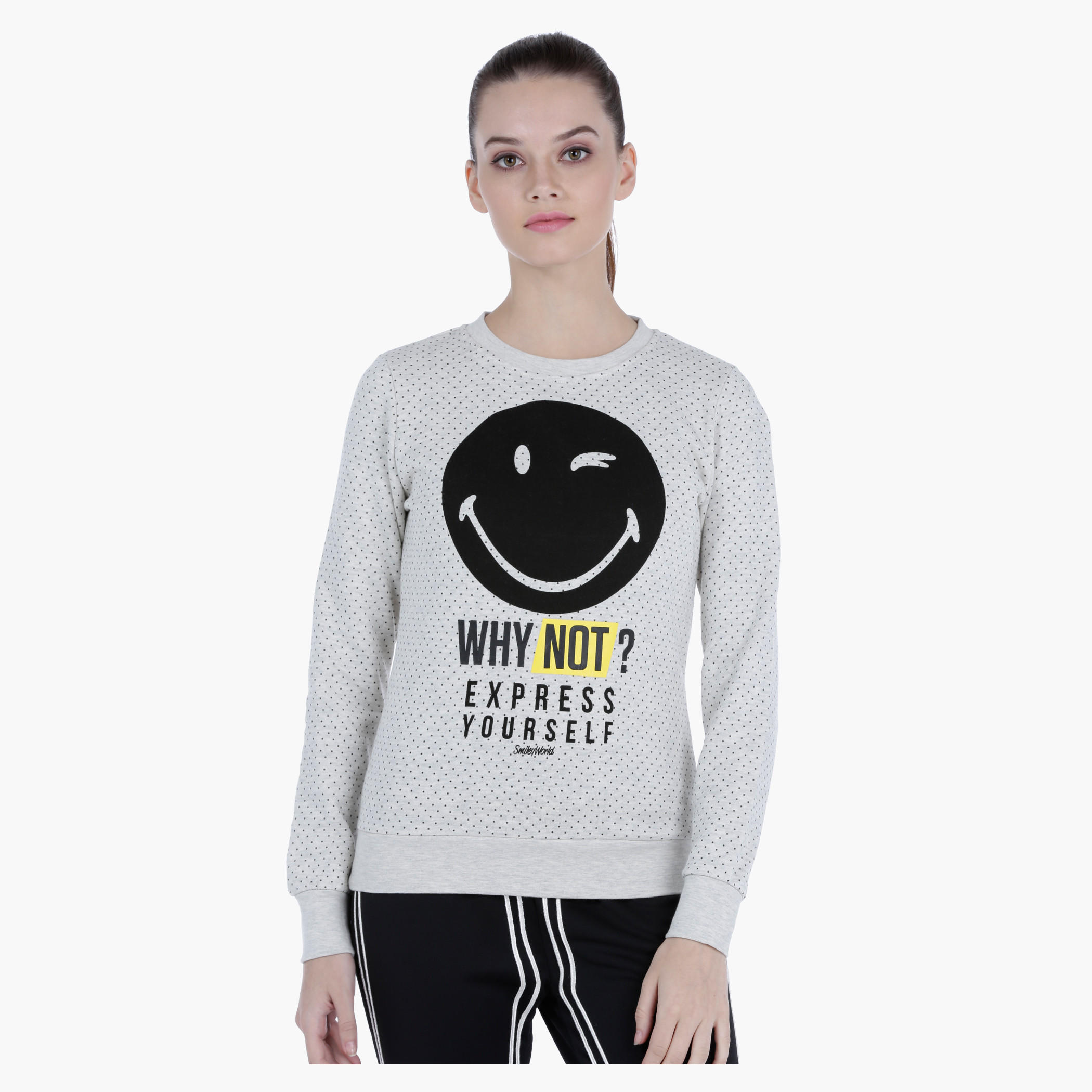 Smiley World Melange Sweatshirt with Graphic Print and Long Sleeves-women-winterwear-hoodiesandsweatshirts-sweatshirts-image-1