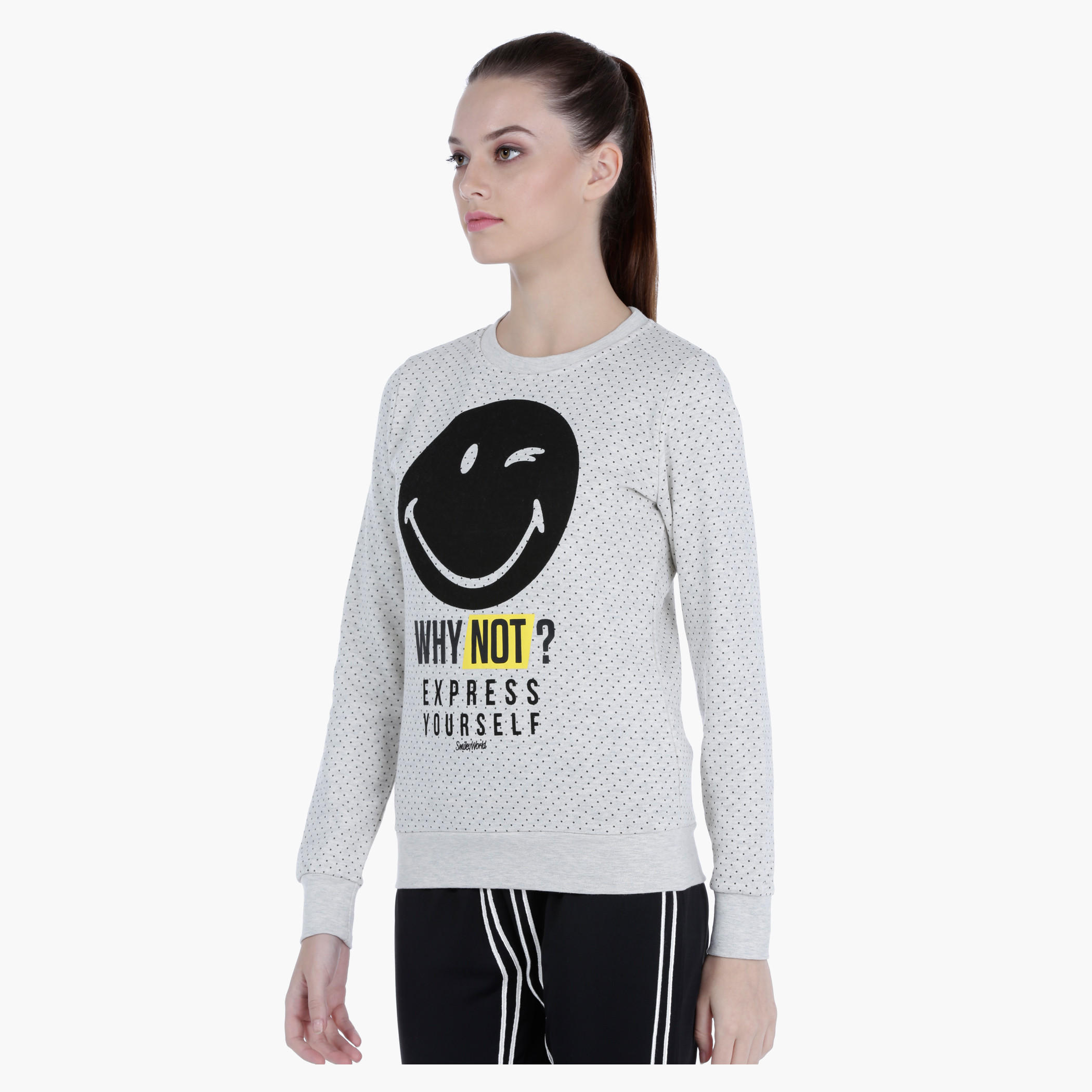Smiley World Melange Sweatshirt with Graphic Print and Long Sleeves-women-winterwear-hoodiesandsweatshirts-sweatshirts-image-3