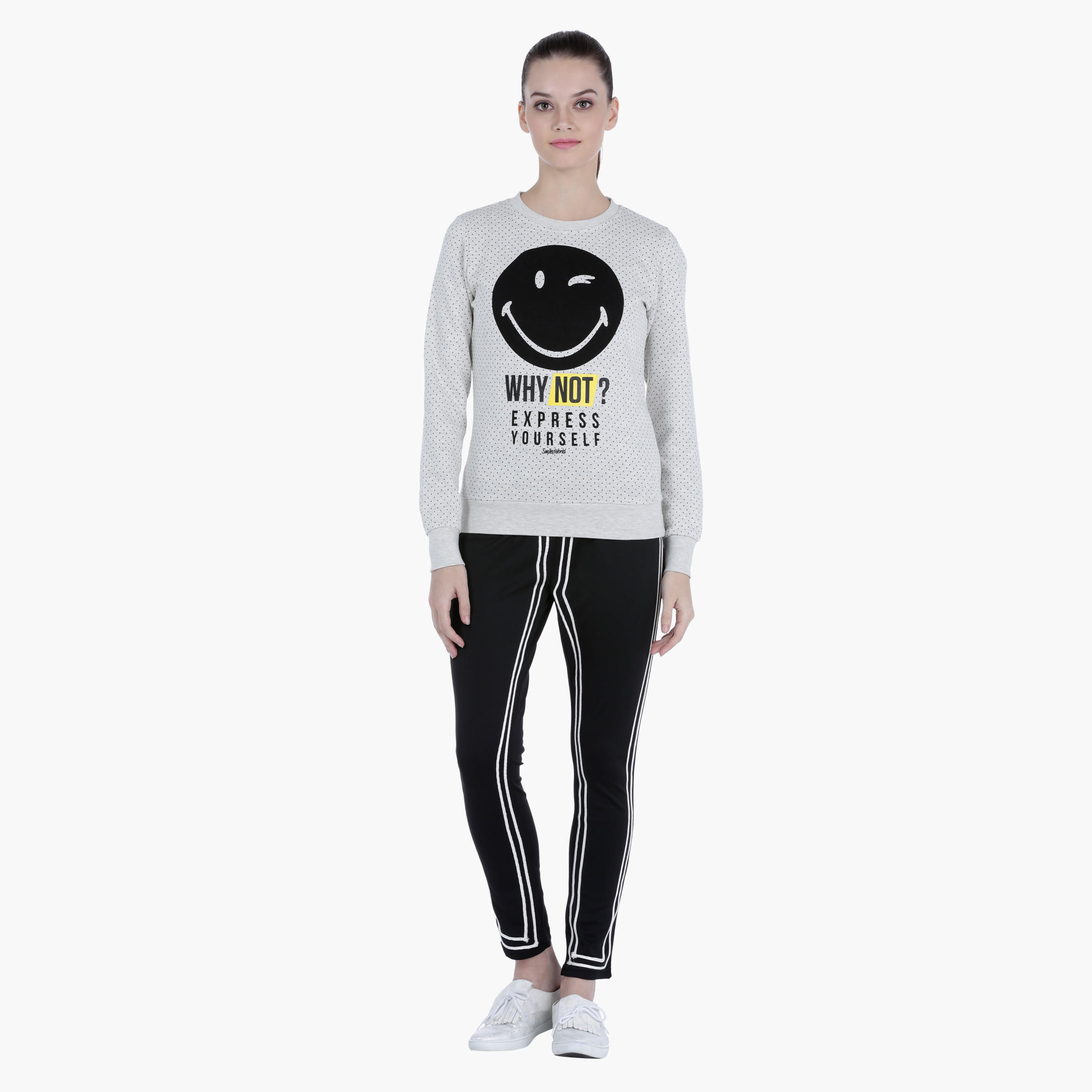 Smiley World Melange Sweatshirt with Graphic Print and Long Sleeves-women-winterwear-hoodiesandsweatshirts-sweatshirts-image-5
