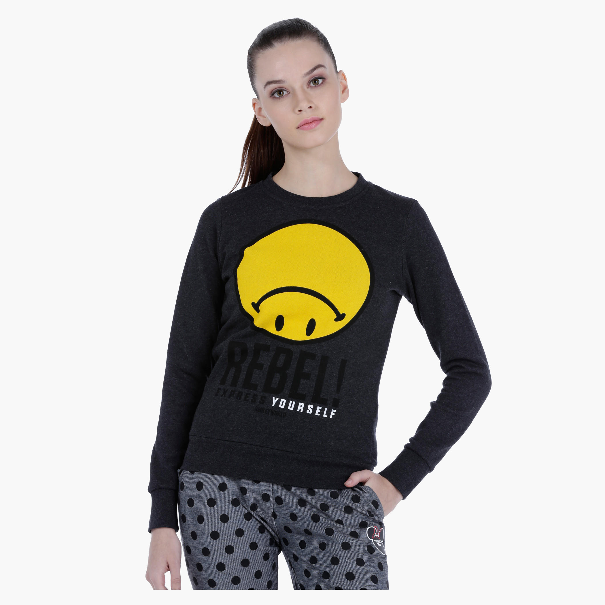 Smiley World Melange Sweatshirt with Graphic Print and Long Sleeves-women-winterwear-hoodiesandsweatshirts-sweatshirts-image-1