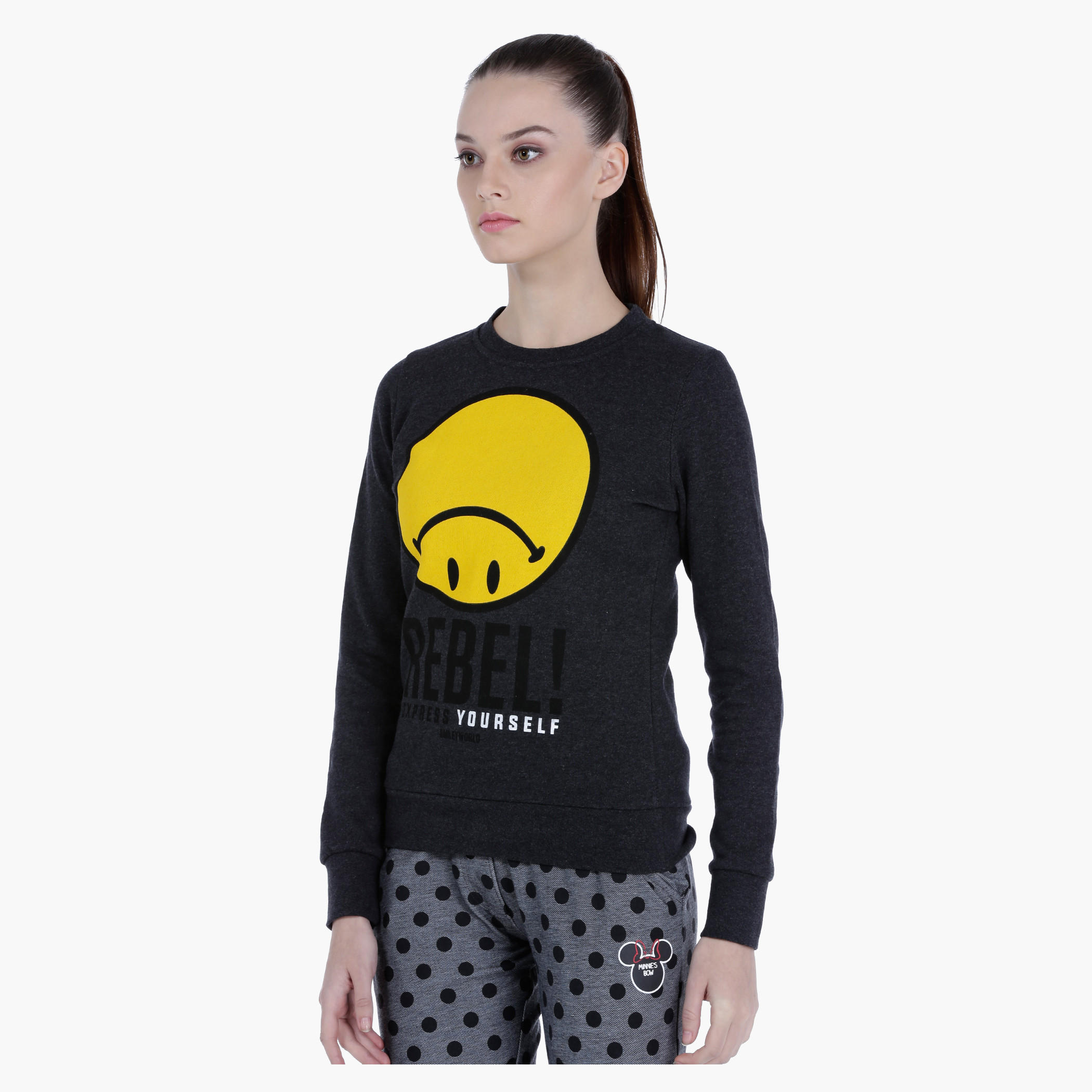 Smiley World Melange Sweatshirt with Graphic Print and Long Sleeves-women-winterwear-hoodiesandsweatshirts-sweatshirts-image-3