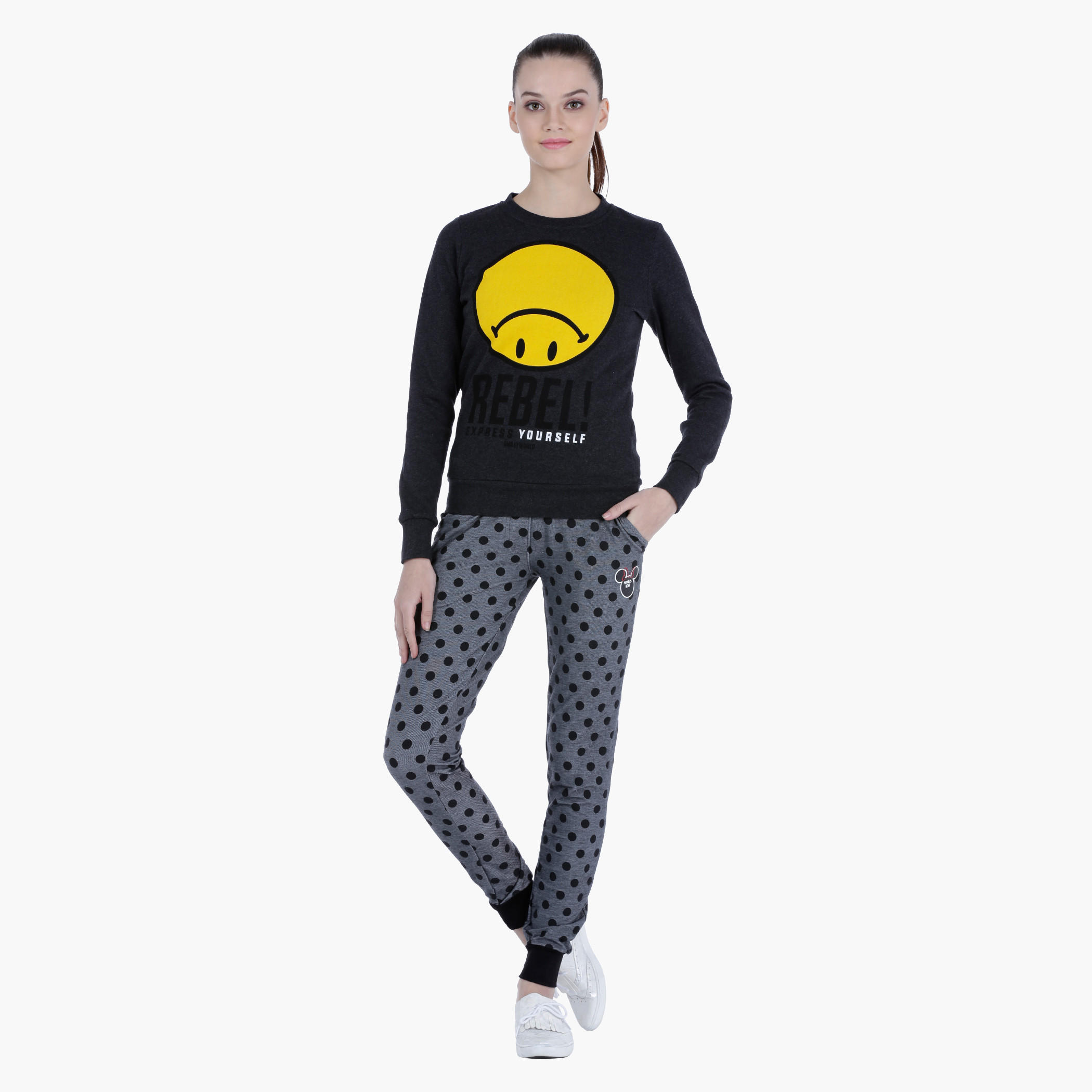 Smiley World Melange Sweatshirt with Graphic Print and Long Sleeves-women-winterwear-hoodiesandsweatshirts-sweatshirts-image-5