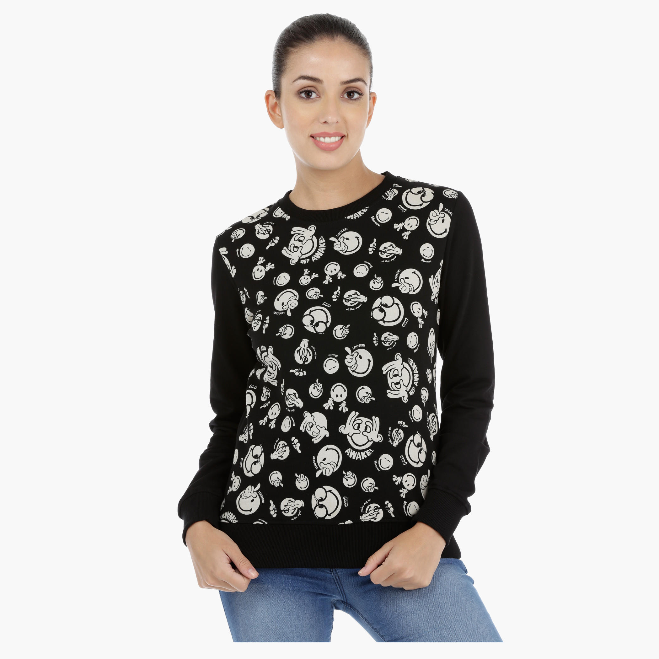 Smiley World Printed Sweatshirt with Long Sleeves-women-winterwear-hoodiesandsweatshirts-sweatshirts-image-1