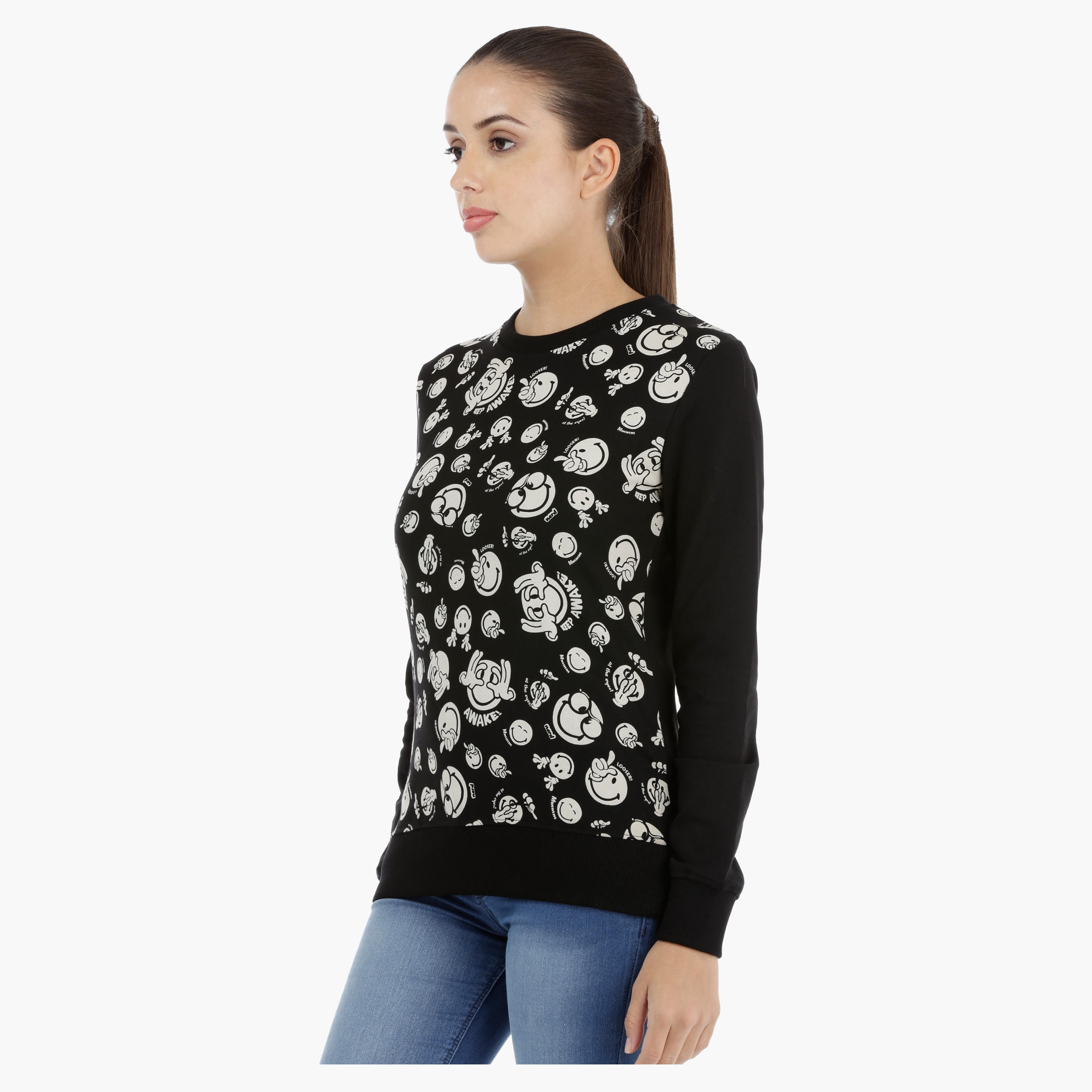 Smiley World Printed Sweatshirt with Long Sleeves-women-winterwear-hoodiesandsweatshirts-sweatshirts-image-3