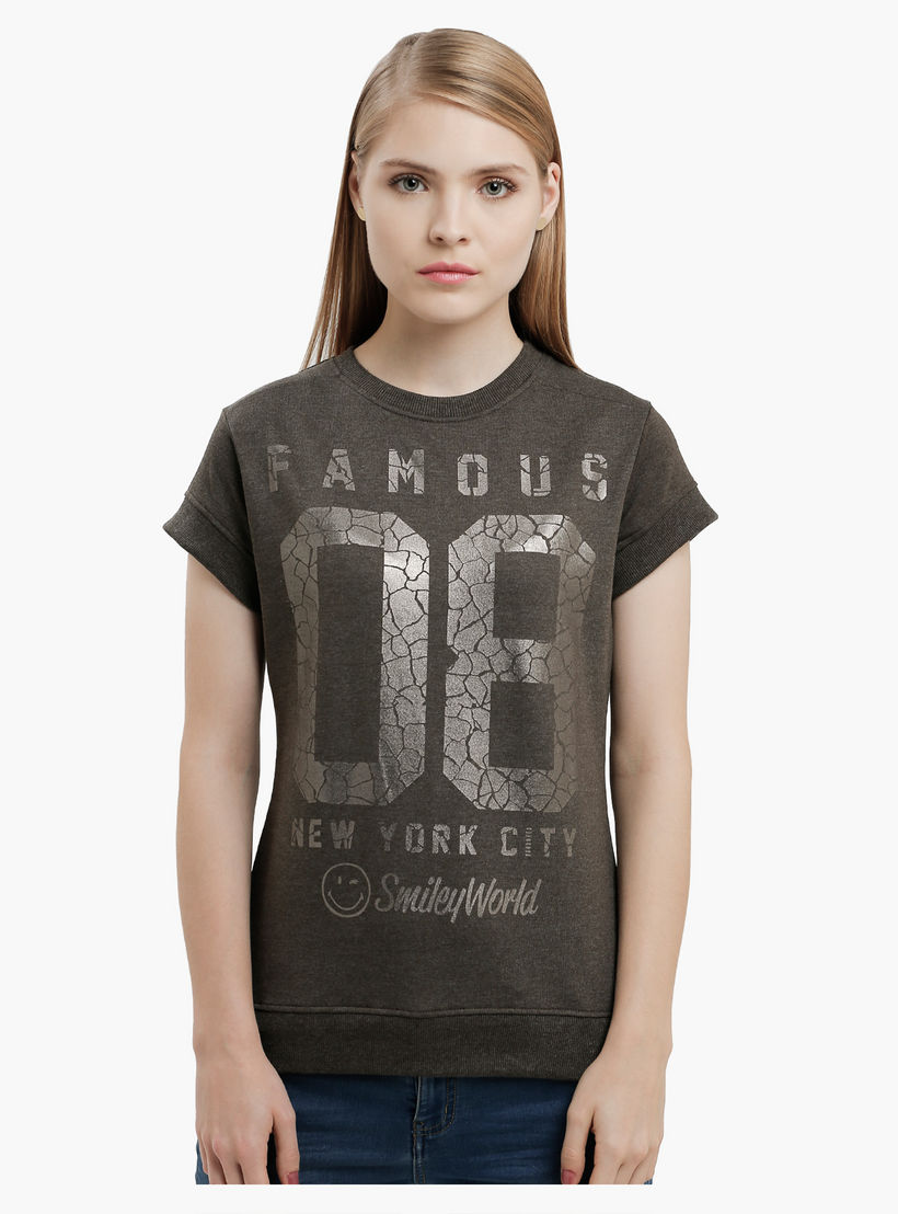 Smiley World Graphic Print T-Shirt with Short Sleeves-women-clothing-tshirts-image-5
