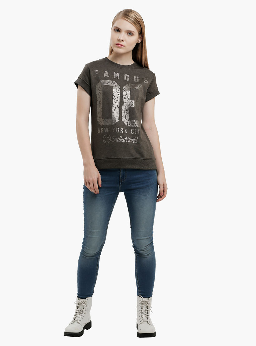 Smiley World Graphic Print T-Shirt with Short Sleeves-women-clothing-tshirts-image-1
