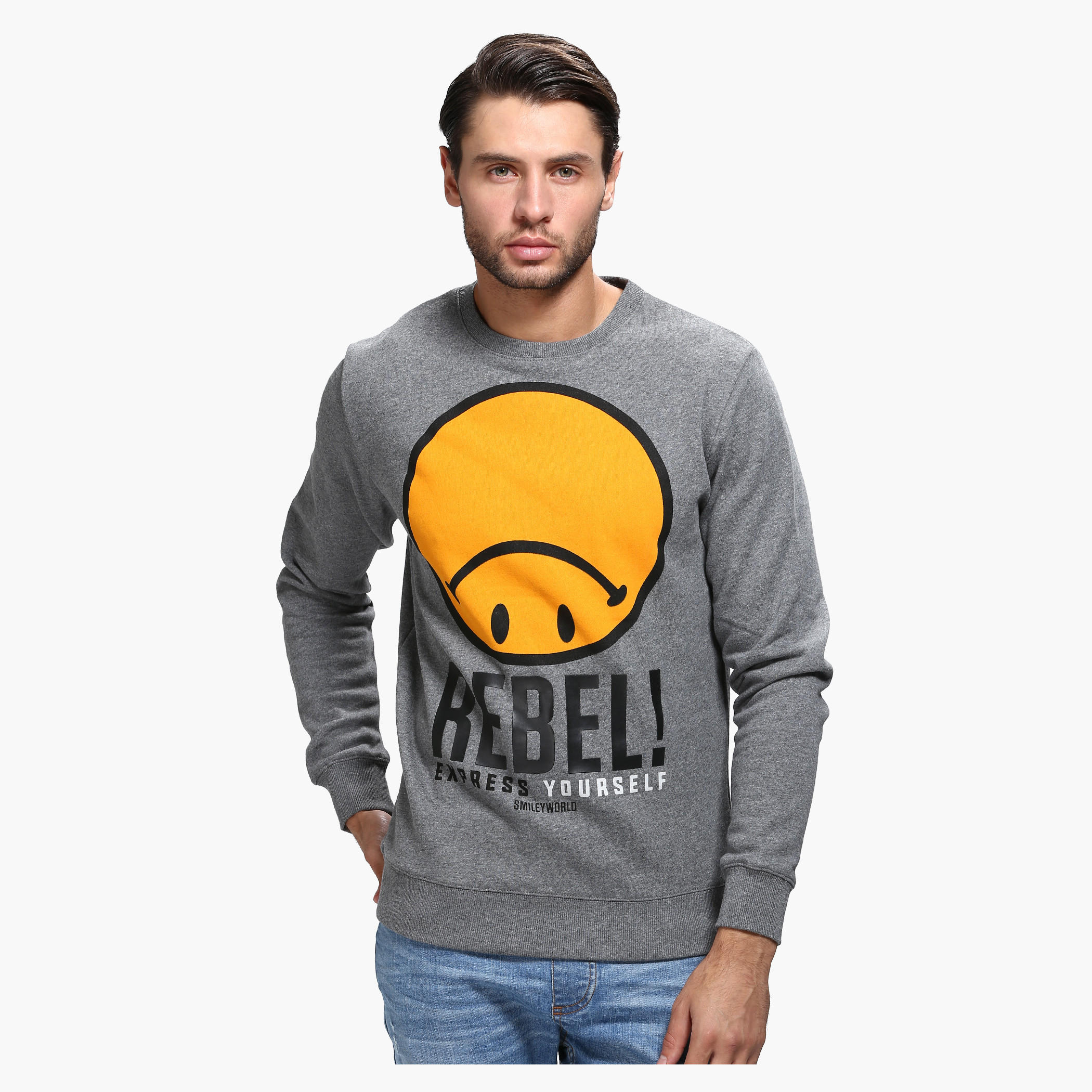 Smiley World Graphic Print Crew Neck Sweatshirt with Long Sleeves-men-winterwear-hoodiesandsweatshirts-image-1