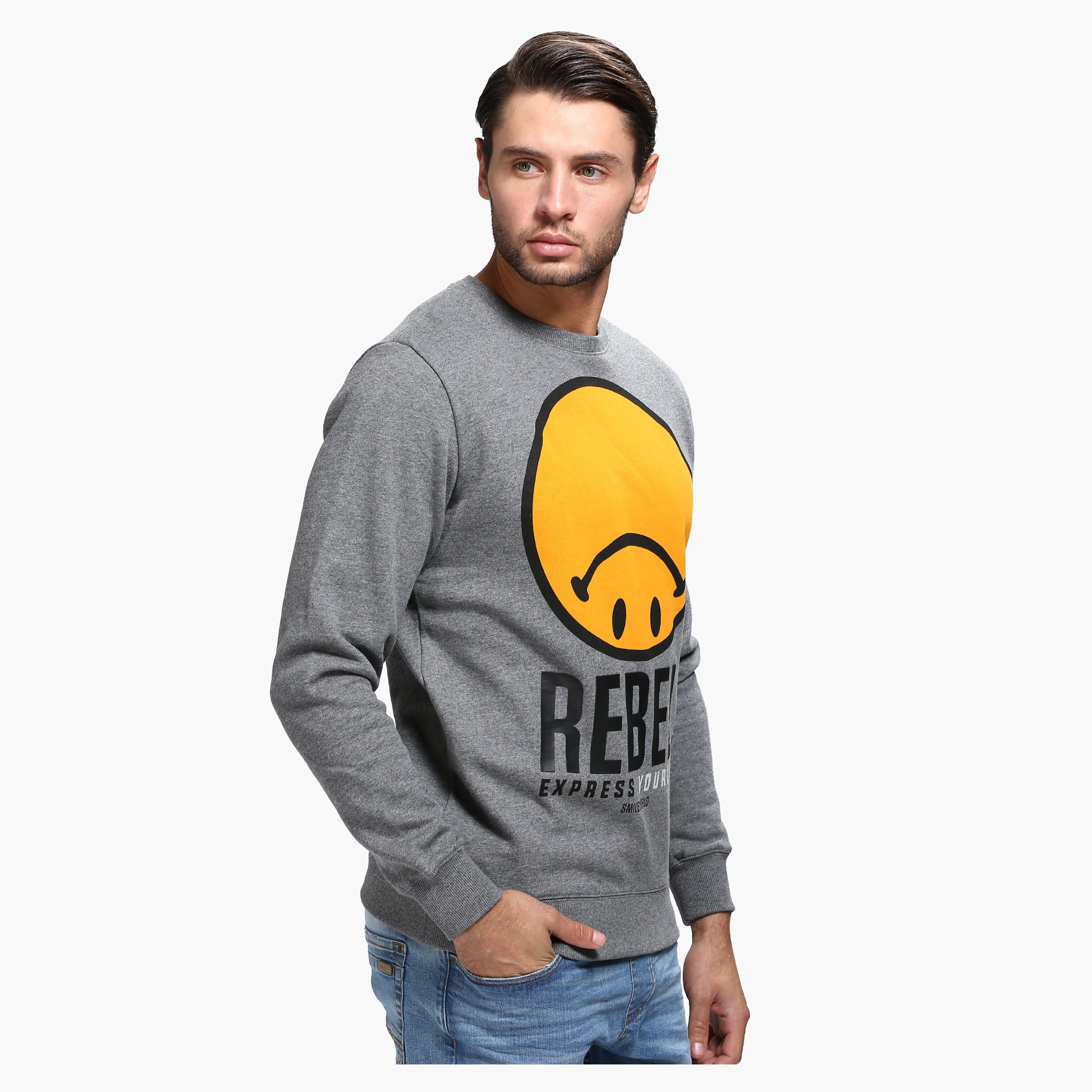 Smiley World Graphic Print Crew Neck Sweatshirt with Long Sleeves-men-winterwear-hoodiesandsweatshirts-image-3