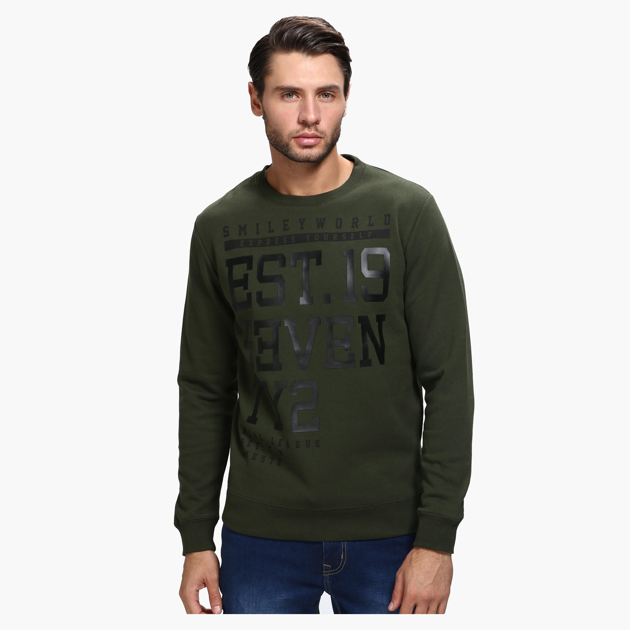 Smiley World Graphic Print Crew Neck Sweatshirt with Long Sleeves-men-winterwear-hoodiesandsweatshirts-image-1
