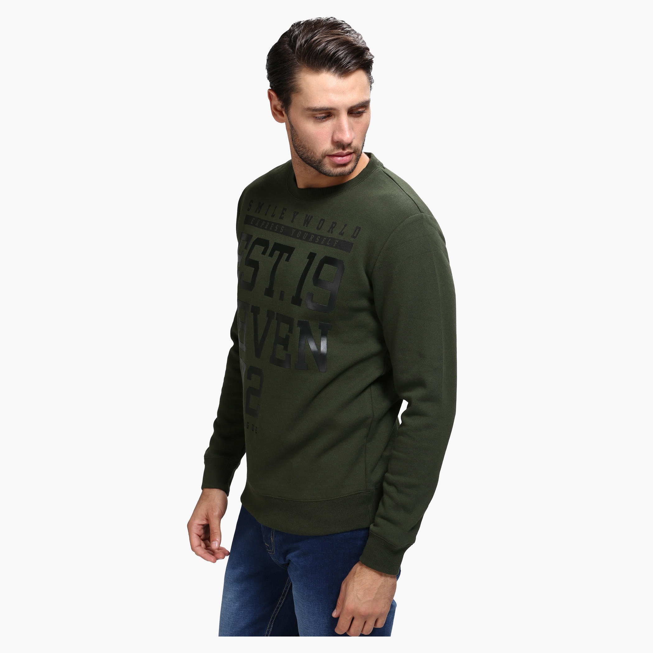 Smiley World Graphic Print Crew Neck Sweatshirt with Long Sleeves-men-winterwear-hoodiesandsweatshirts-image-3