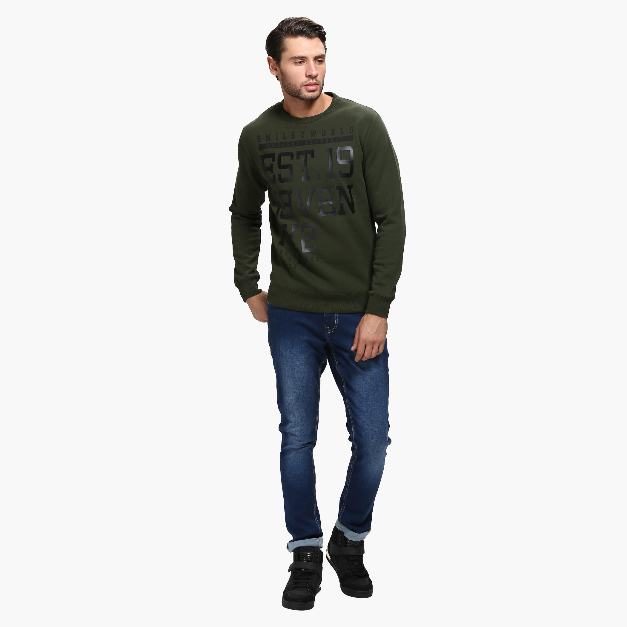 Smiley World Graphic Print Crew Neck Sweatshirt with Long Sleeves-men-winterwear-hoodiesandsweatshirts-image-5