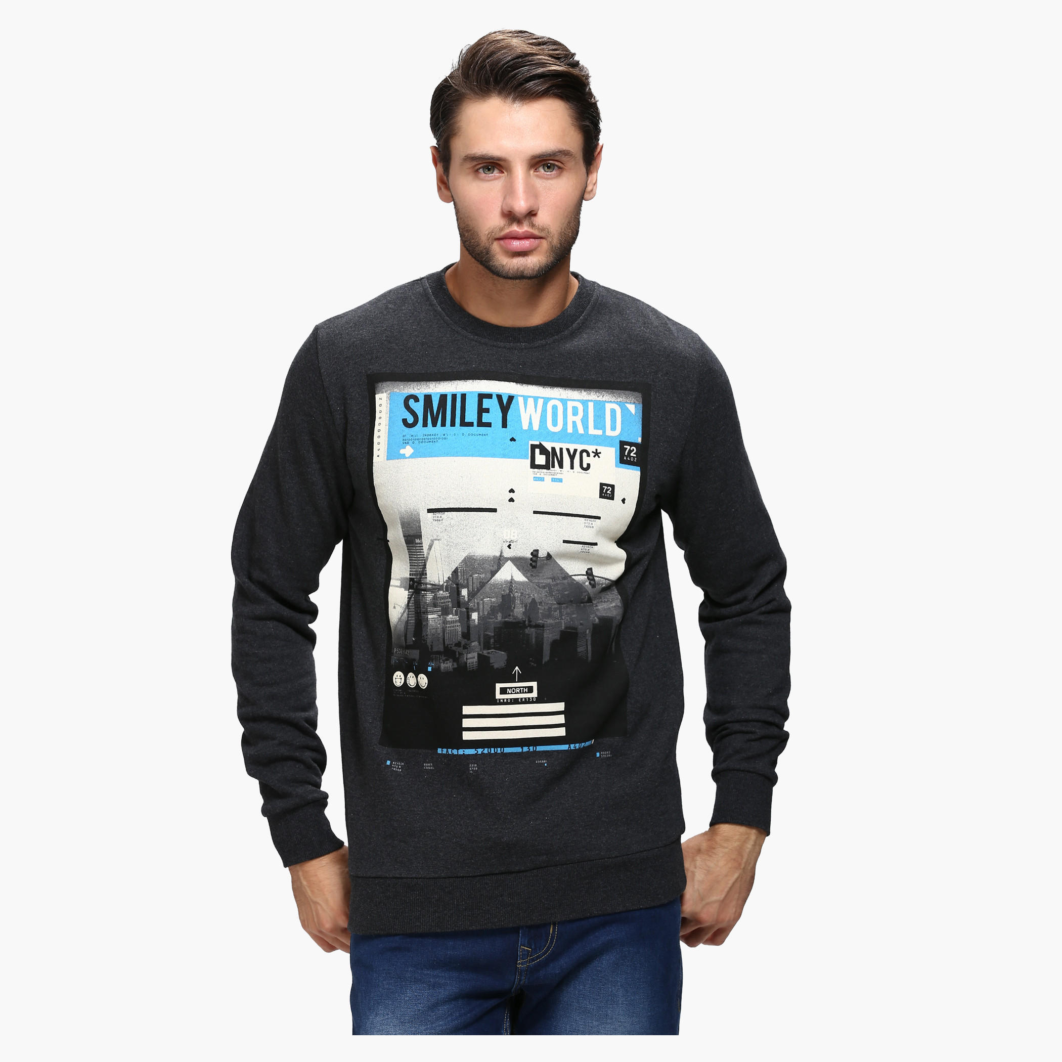 Smiley World Graphic Print Crew Neck Sweatshirt with Long Sleeves-men-winterwear-hoodiesandsweatshirts-image-1