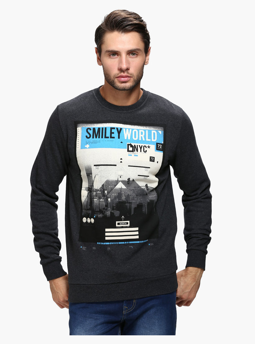Smiley World Graphic Print Crew Neck Sweatshirt with Long Sleeves-men-winterwear-hoodiesandsweatshirts-image-1