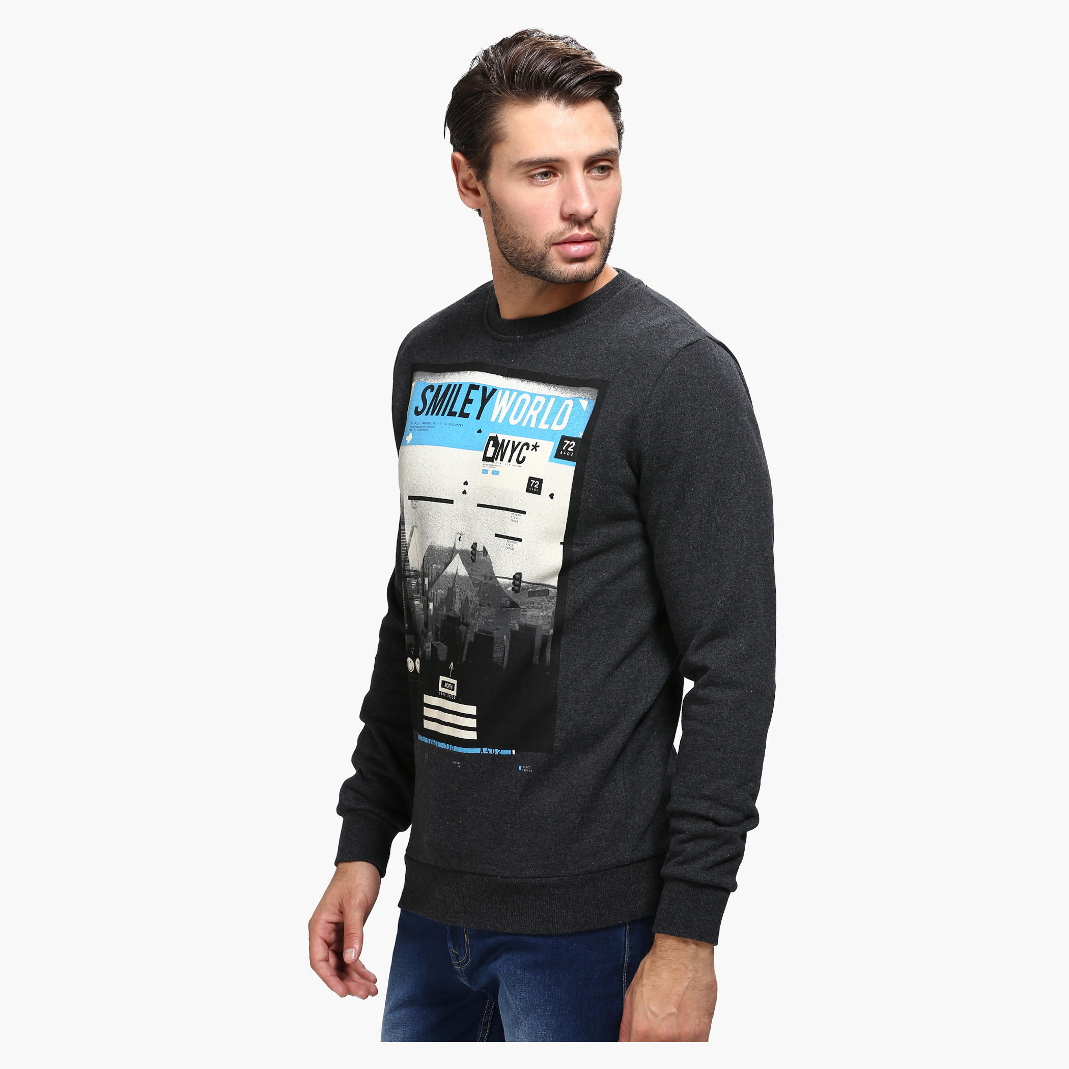Smiley World Graphic Print Crew Neck Sweatshirt with Long Sleeves-men-winterwear-hoodiesandsweatshirts-image-3