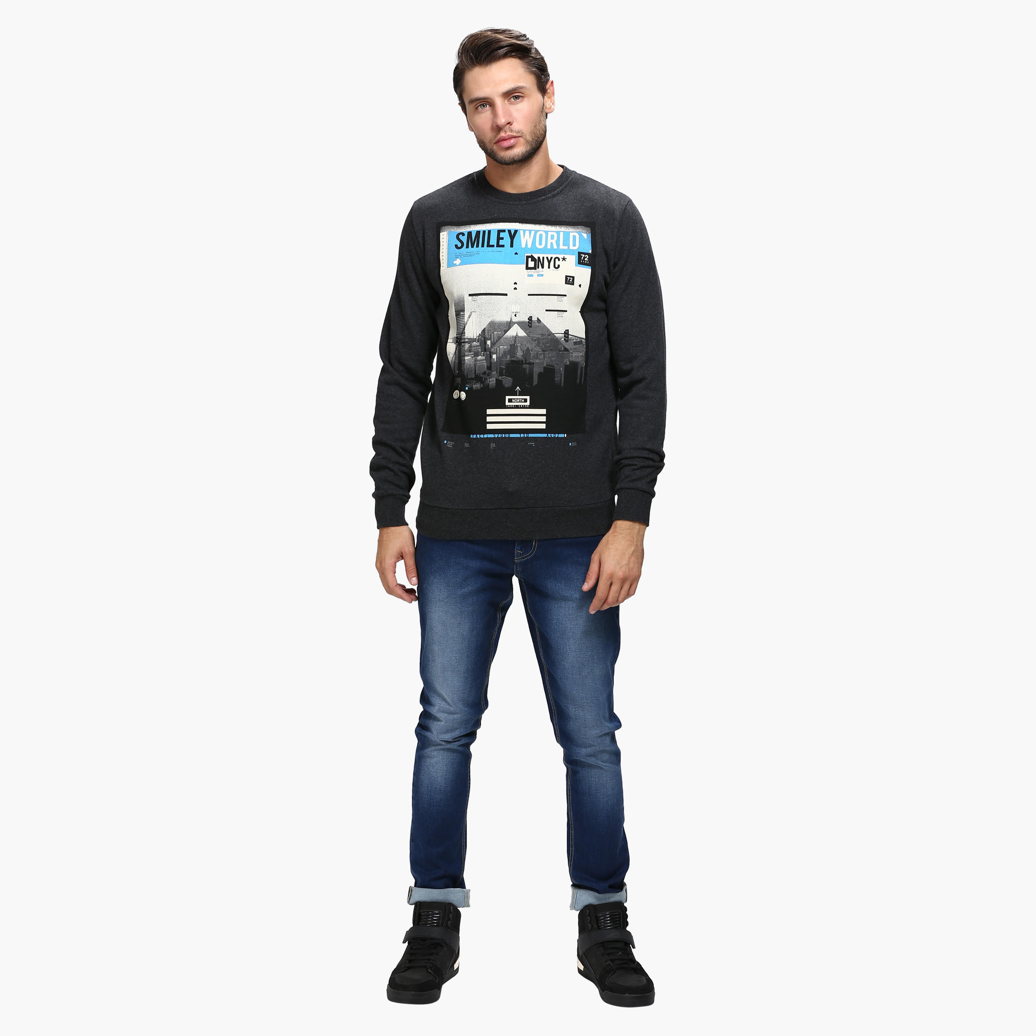 Smiley World Graphic Print Crew Neck Sweatshirt with Long Sleeves-men-winterwear-hoodiesandsweatshirts-image-5