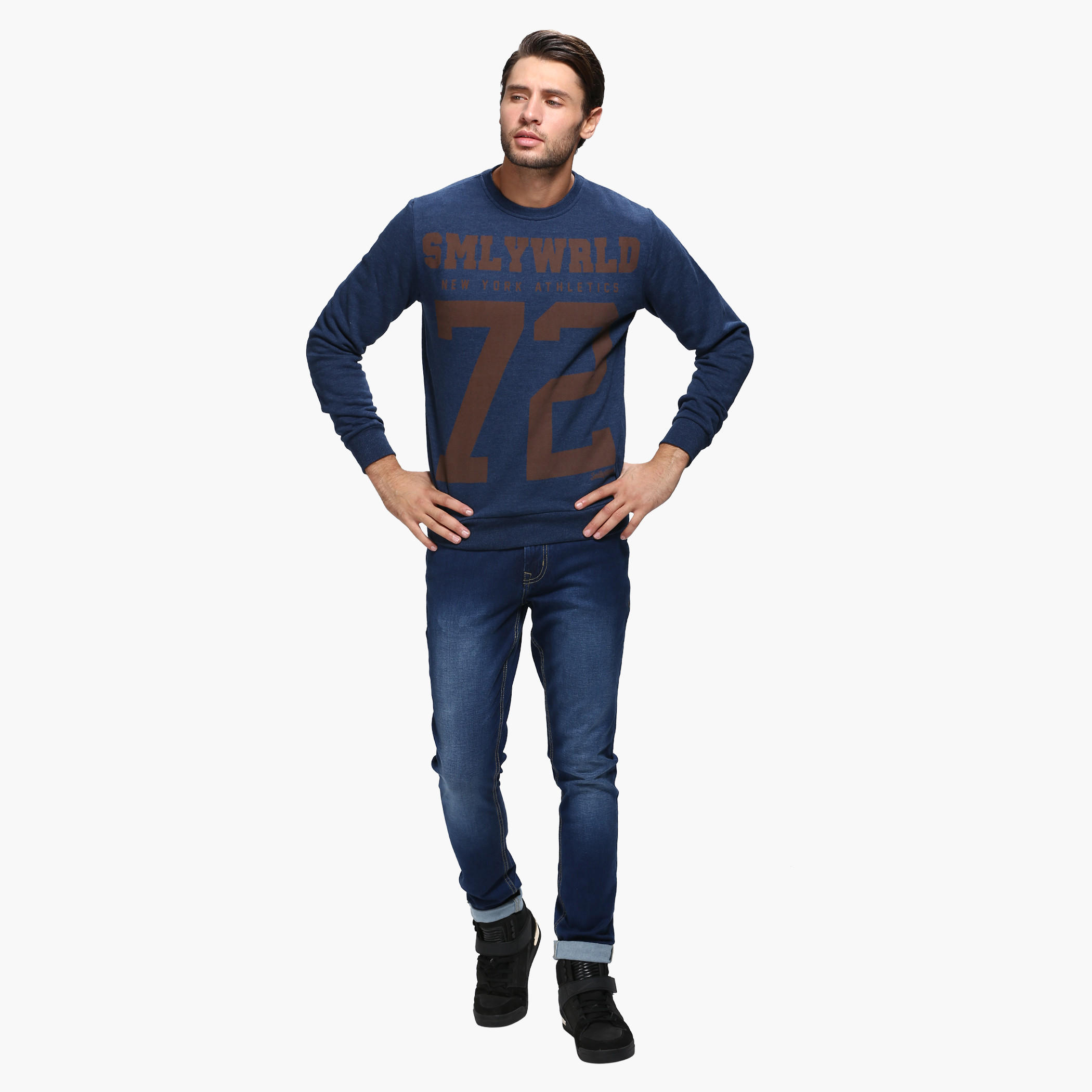 Smiley World Printed Crew Neck Sweatshirt with Long Sleeves-men-winterwear-hoodiesandsweatshirts-image-5