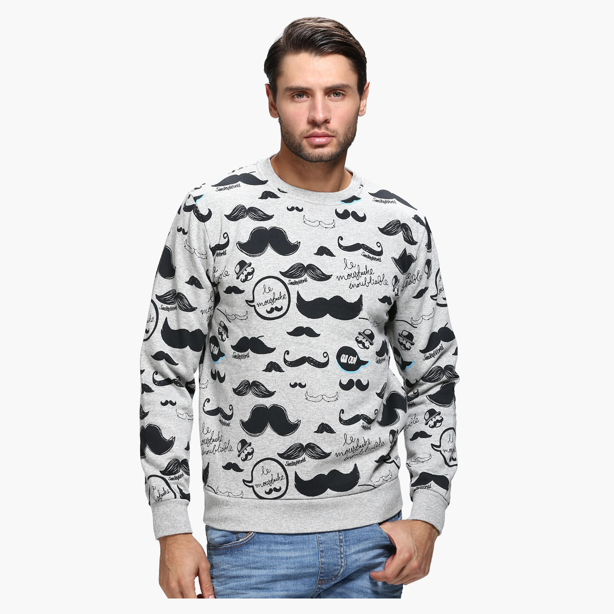 Smiley World Printed Crew Neck Sweatshirt with Long Sleeves-men-winterwear-hoodiesandsweatshirts-image-1