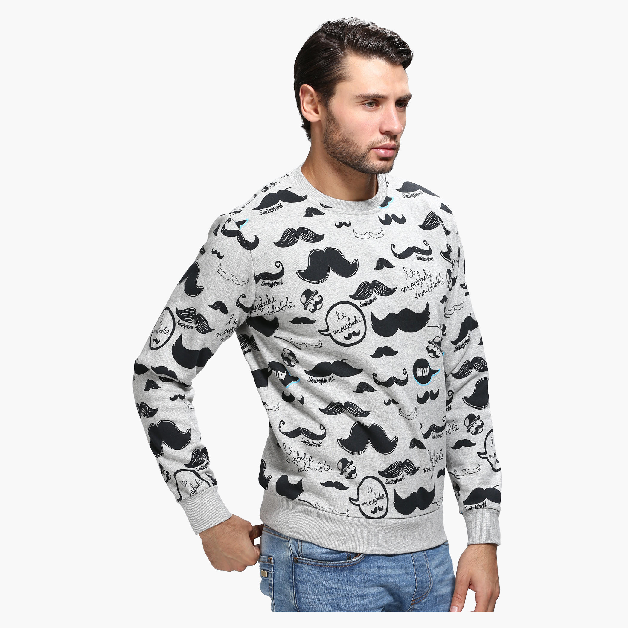 Smiley World Printed Crew Neck Sweatshirt with Long Sleeves-men-winterwear-hoodiesandsweatshirts-image-3