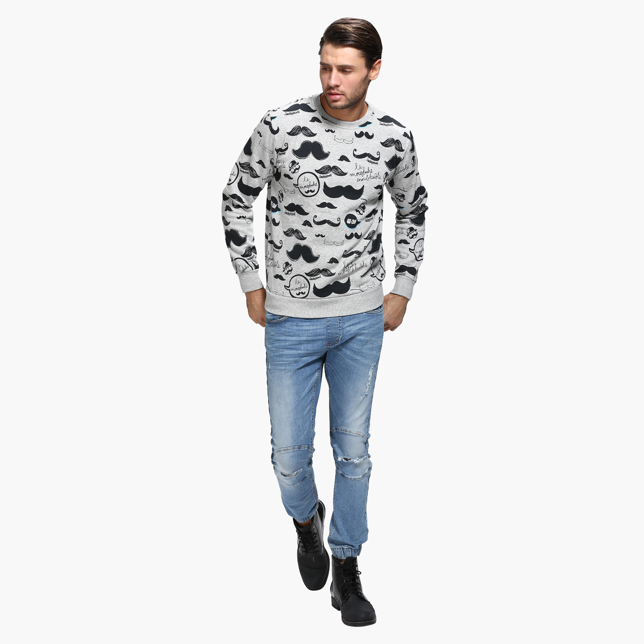 Smiley World Printed Crew Neck Sweatshirt with Long Sleeves-men-winterwear-hoodiesandsweatshirts-image-5