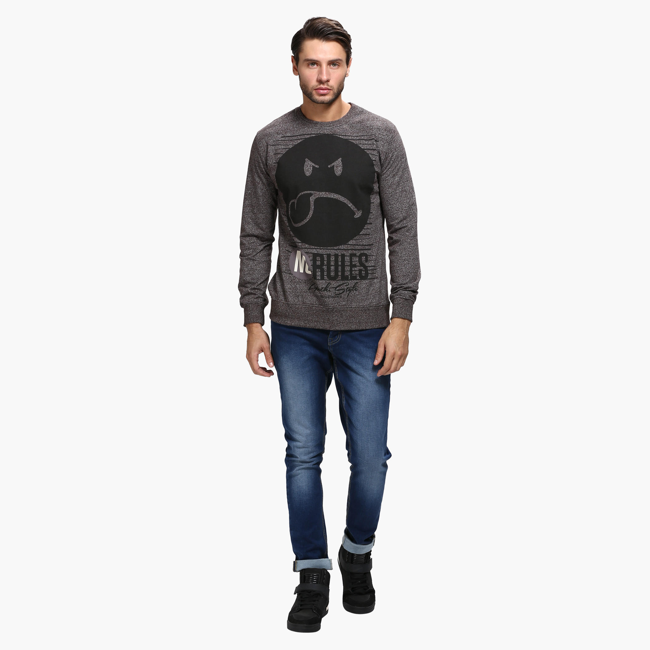 Smiley World Printed Round Neck Sweatshirt with Long Sleeves-men-winterwear-hoodiesandsweatshirts-image-5