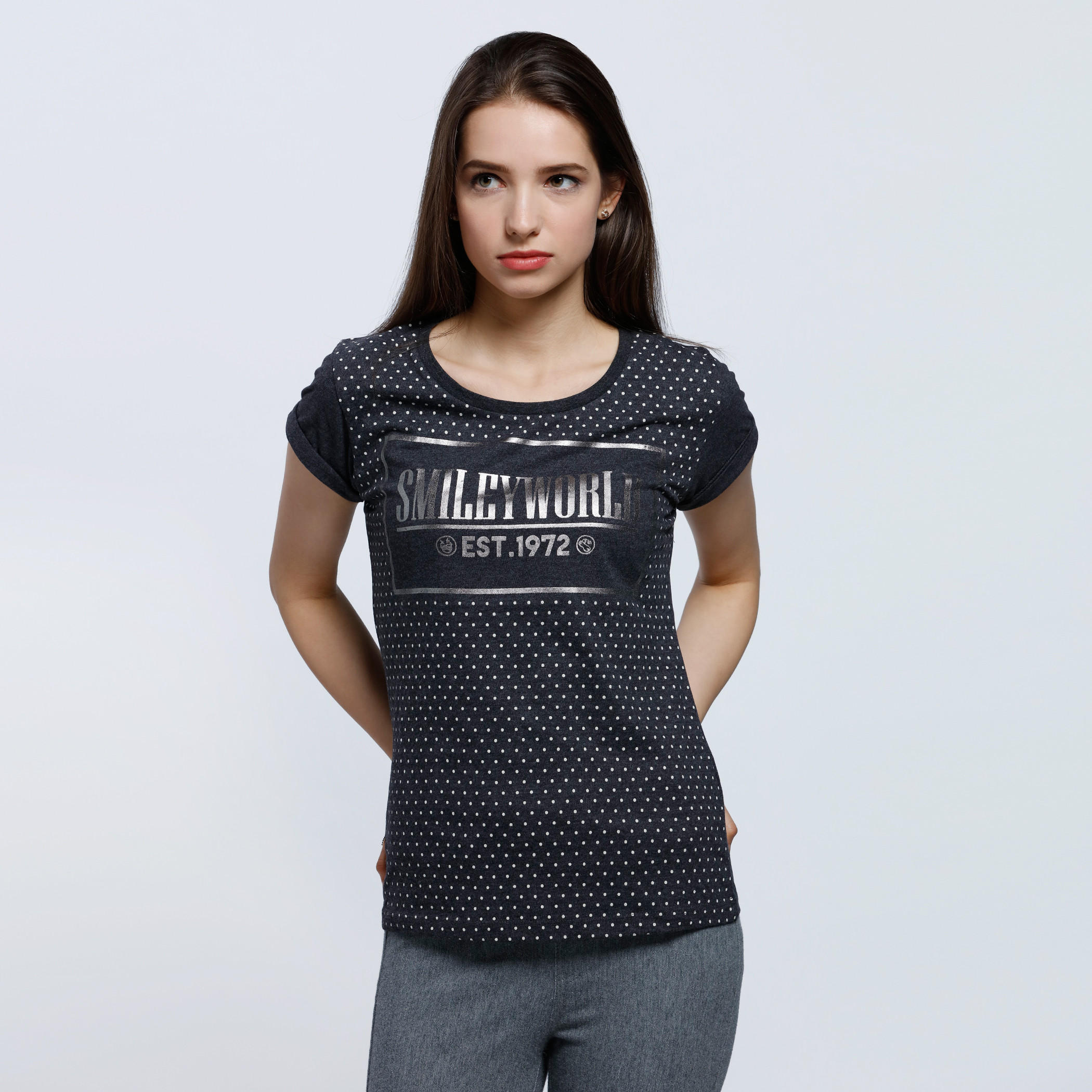 Smiley World Printed Short Sleeves T-Shirt with Round Neck-women-clothing-tshirts-image-1