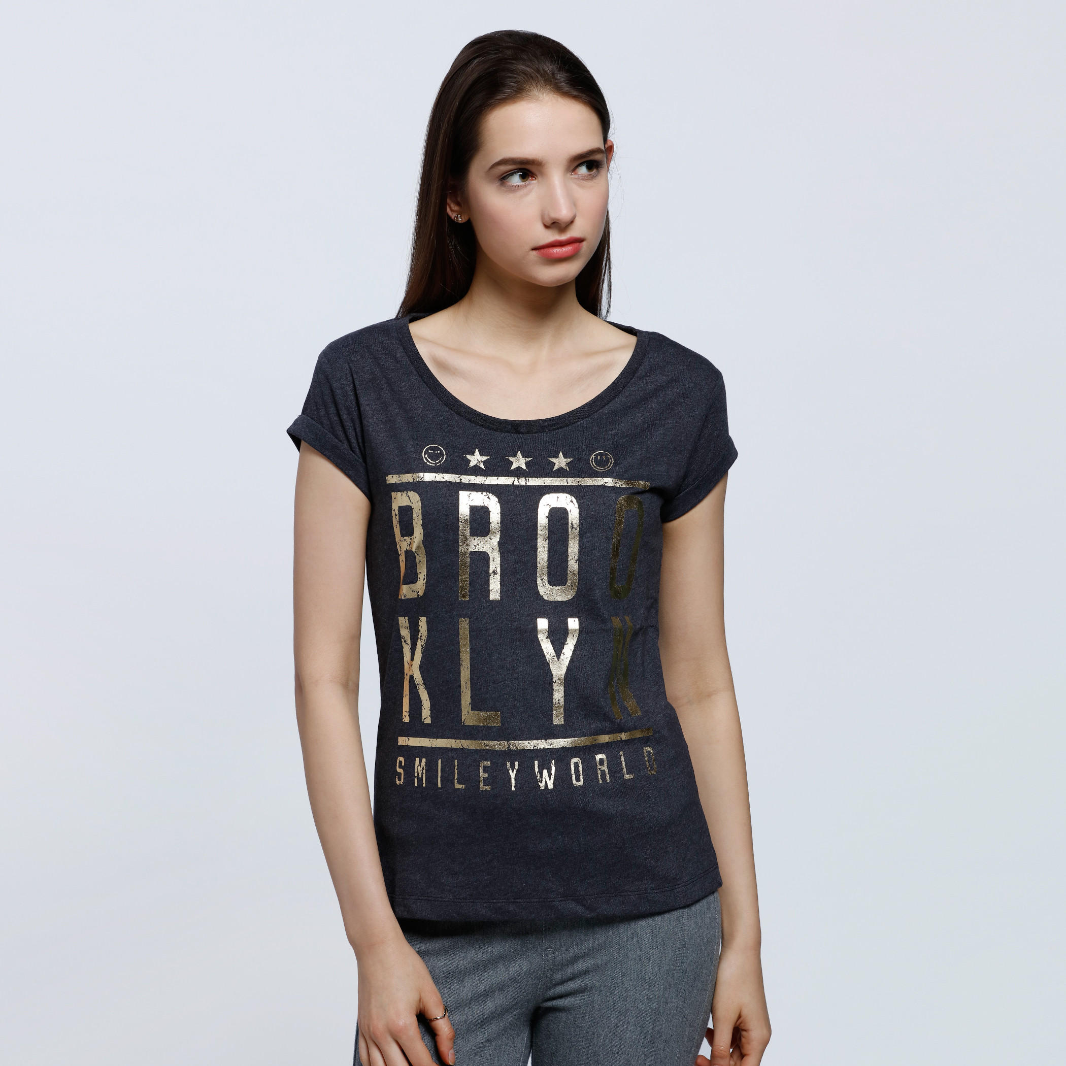 Smiley World Printed Short Sleeves T-Shirt with Round Neck-women-clothing-tshirts-image-1