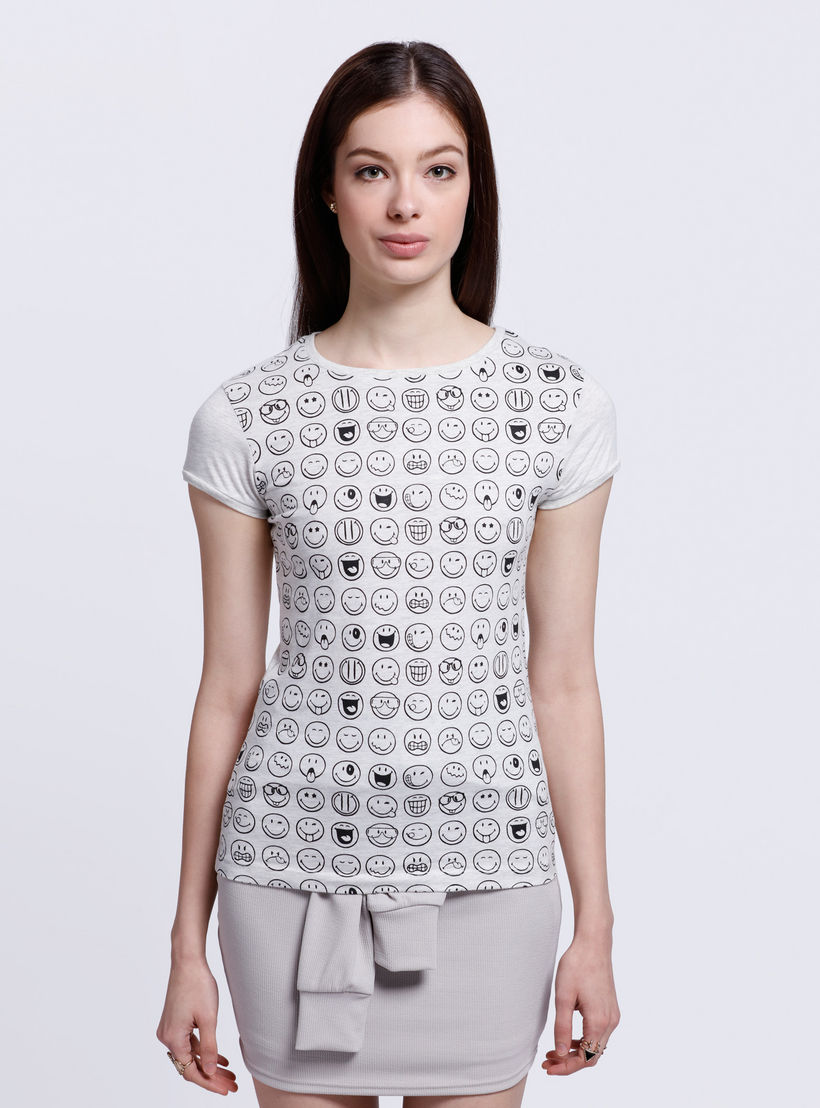 Smiley Print T-Shirt with Short Sleeves-women-clothing-tshirts-image-1