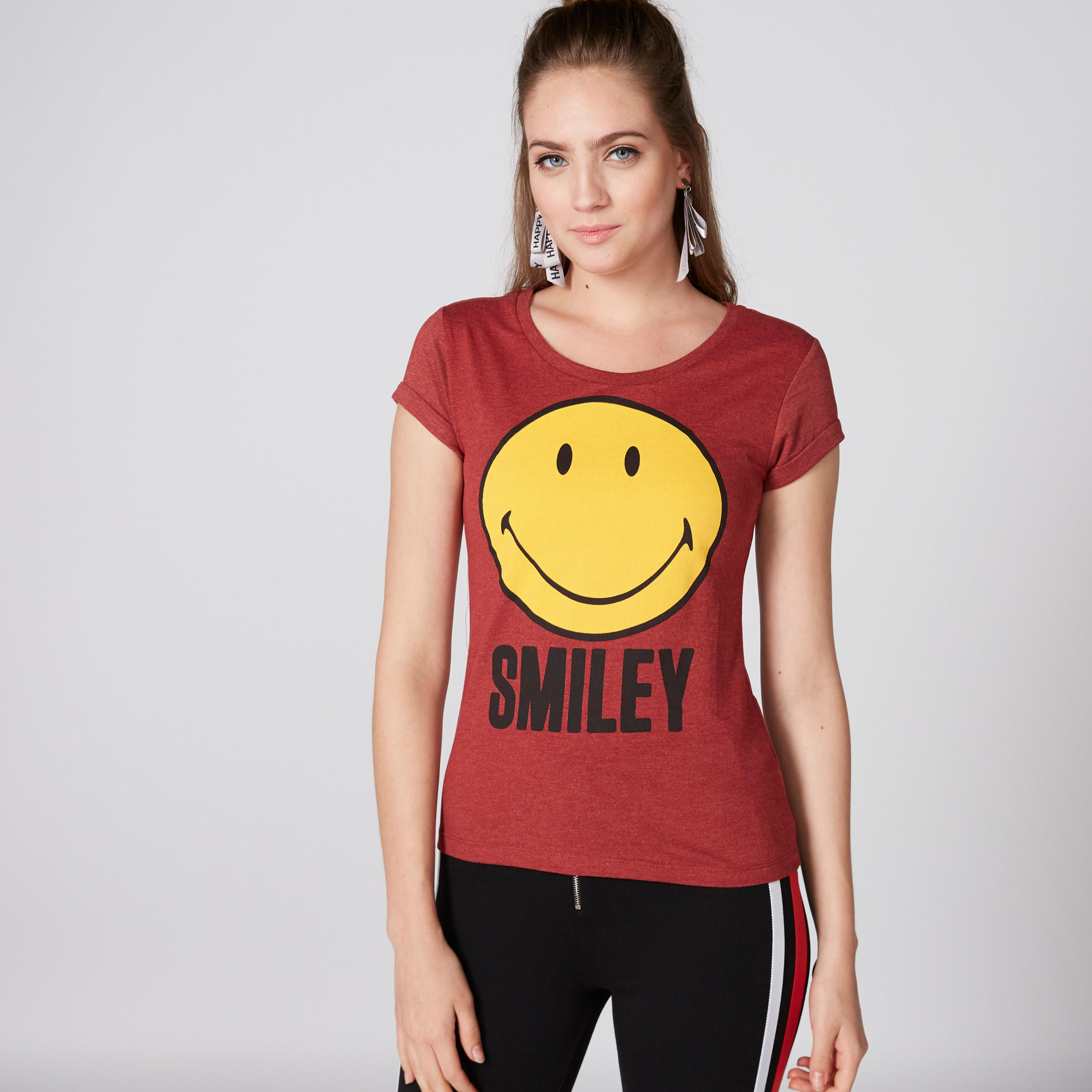 Smiley World Printed T-Shirt with Round Neck and Cap Sleeves-women-clothing-tshirts-image-3