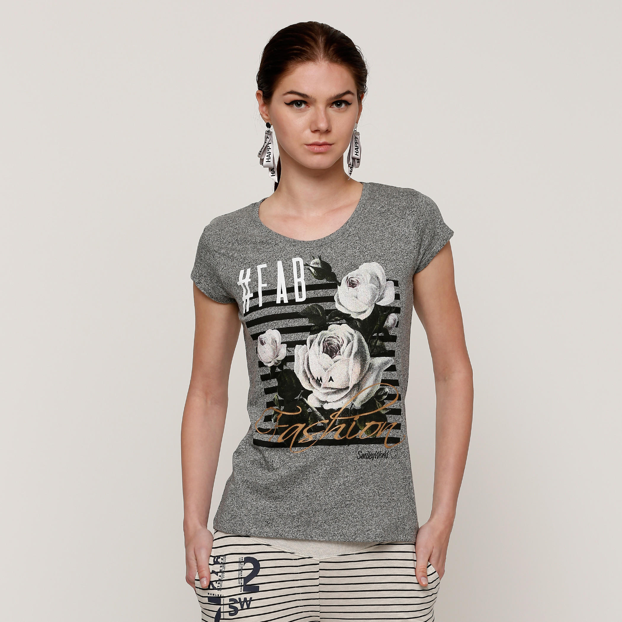 Smiley World Printed T-Shirt with Round Neck and Cap Sleeves-women-clothing-tshirts-image-1