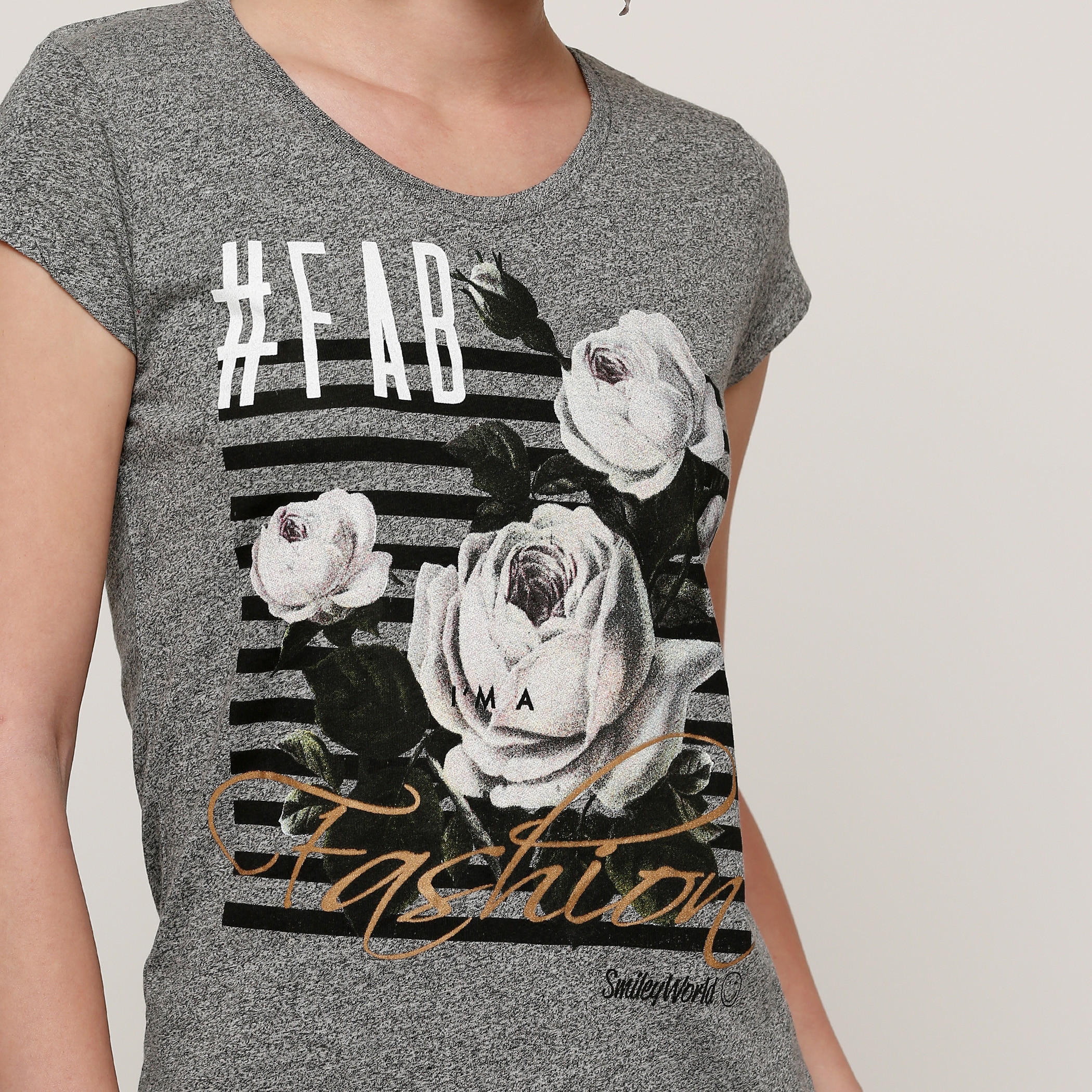 Smiley World Printed T-Shirt with Round Neck and Cap Sleeves-women-clothing-tshirts-image-4