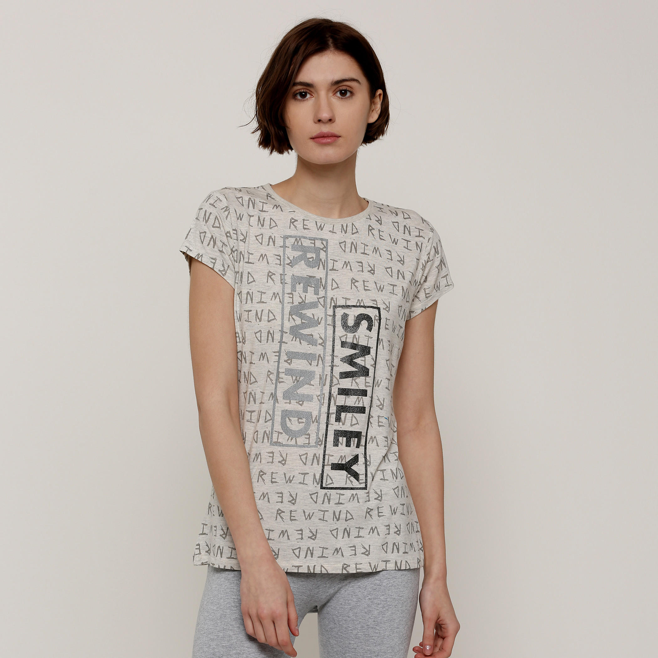 Smiley World Printed T-Shirt with Round Neck and Cap Sleeves-women-clothing-shirtsandblouses-shirts-image-1