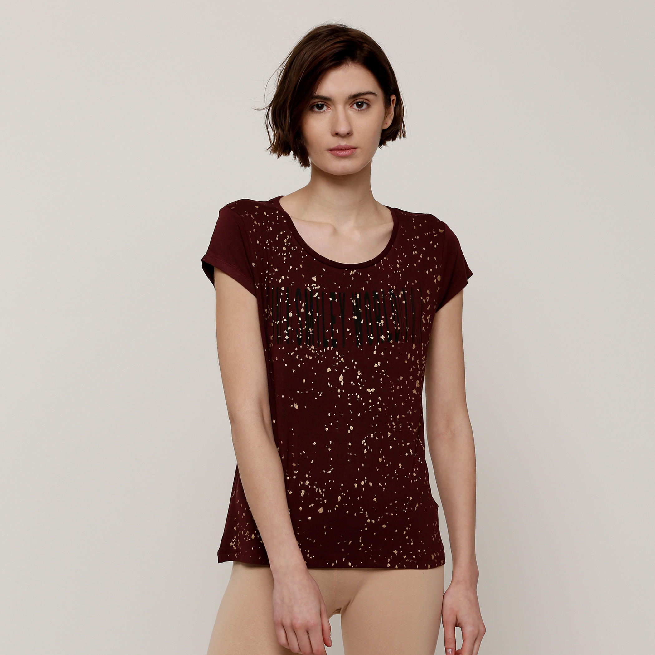 Smiley World Printed T-Shirt with Round Neck and Cap Sleeves-women-clothing-shirtsandblouses-shirts-image-1