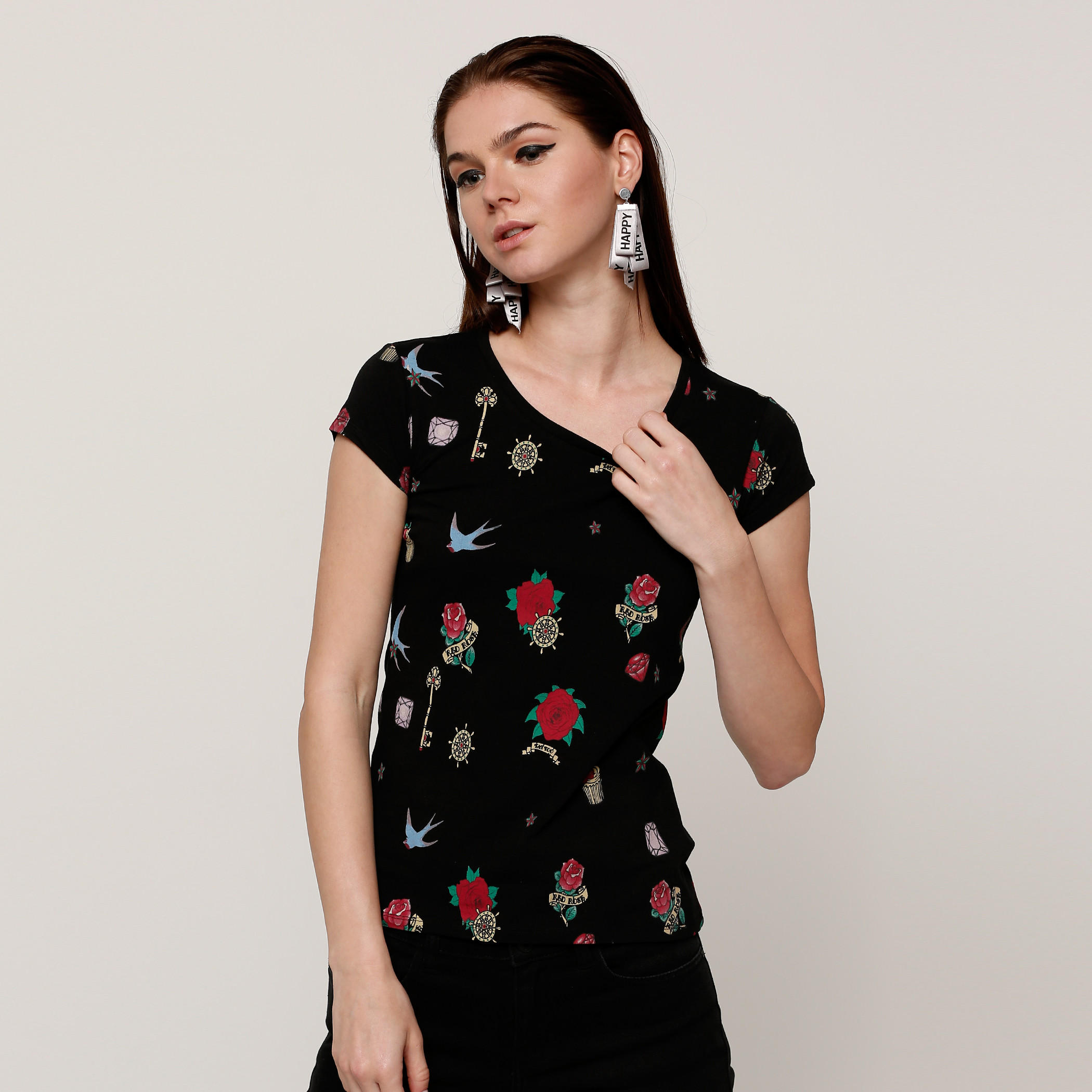 Smiley World Printed Round Neck T-Shirt with Cap Sleeves-women-clothing-tshirts-image-1