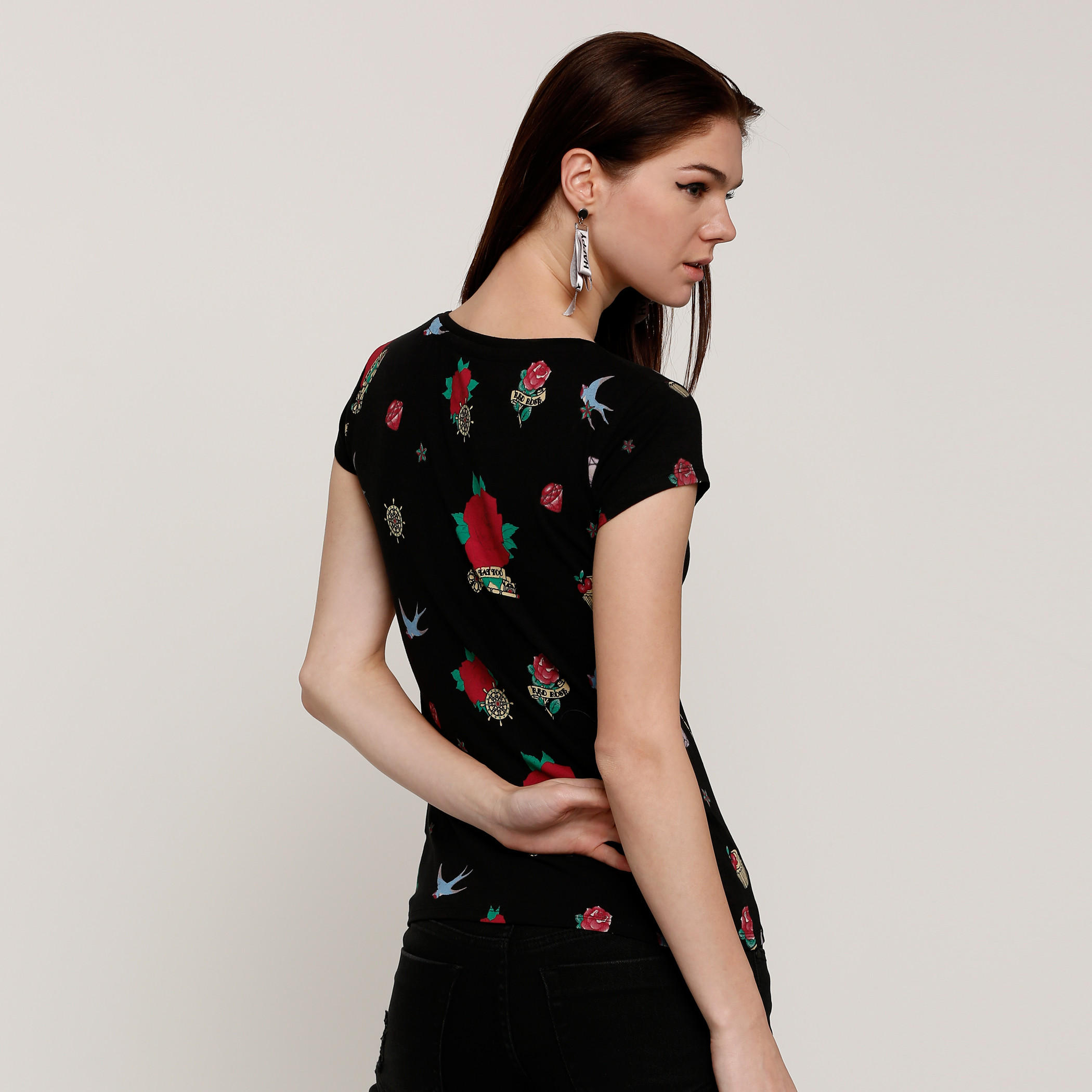 Smiley World Printed Round Neck T-Shirt with Cap Sleeves-women-clothing-tshirts-image-2
