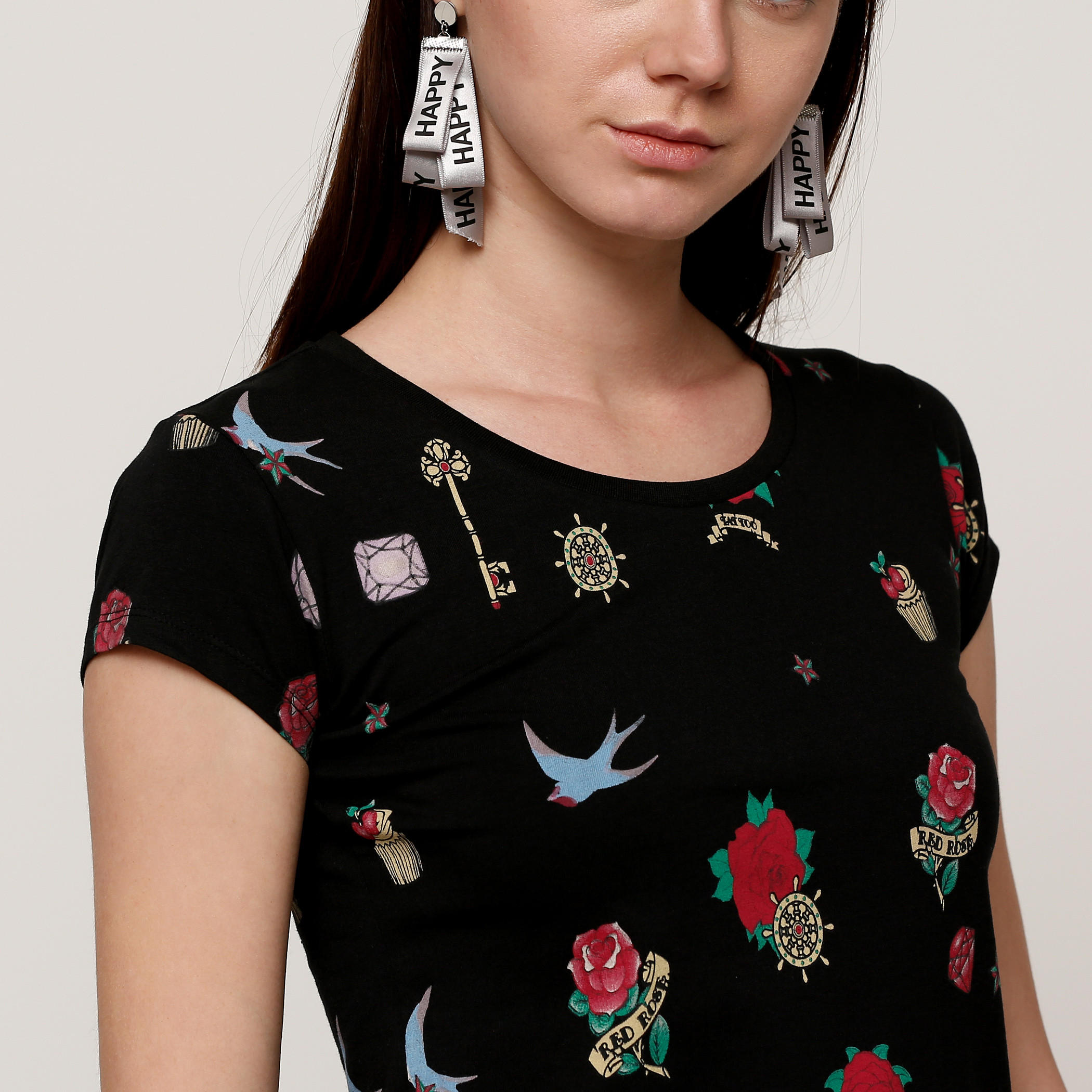 Smiley World Printed Round Neck T-Shirt with Cap Sleeves-women-clothing-tshirts-image-4